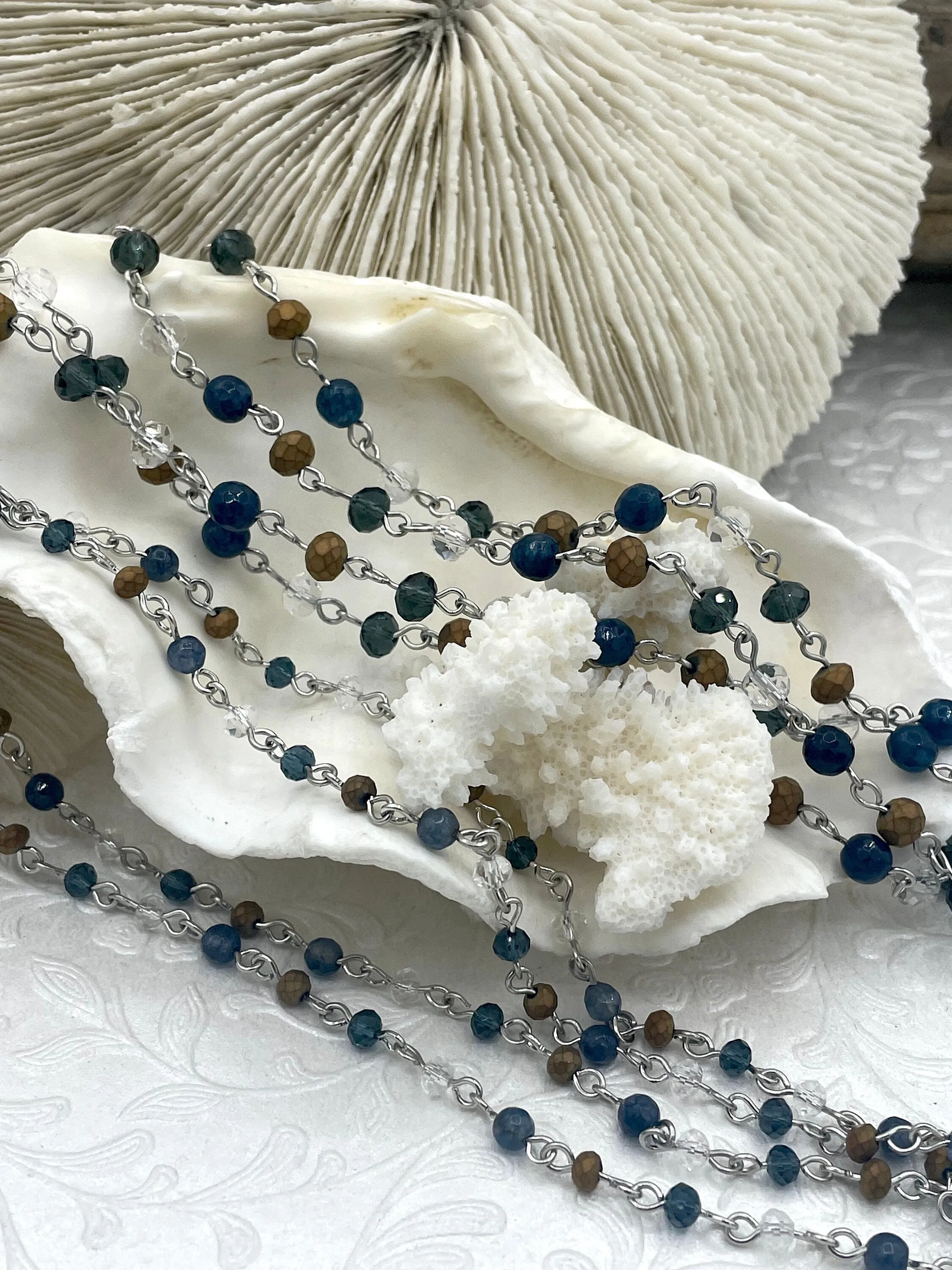 Gemstone Crystal mix Rosary Blue Agate with Mixed Crystal Shapes, Crystal Beaded Chain 6mm or 4mm Silver, pin 1 Meter (39 ") Fast Ship