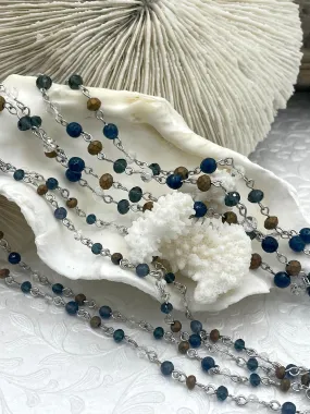 Gemstone Crystal mix Rosary Blue Agate with Mixed Crystal Shapes, Crystal Beaded Chain 6mm or 4mm Silver, pin 1 Meter (39 ") Fast Ship