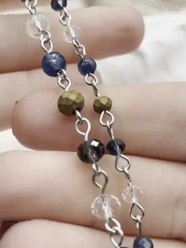 Gemstone Crystal mix Rosary Blue Agate with Mixed Crystal Shapes, Crystal Beaded Chain 6mm or 4mm Silver, pin 1 Meter (39 ") Fast Ship