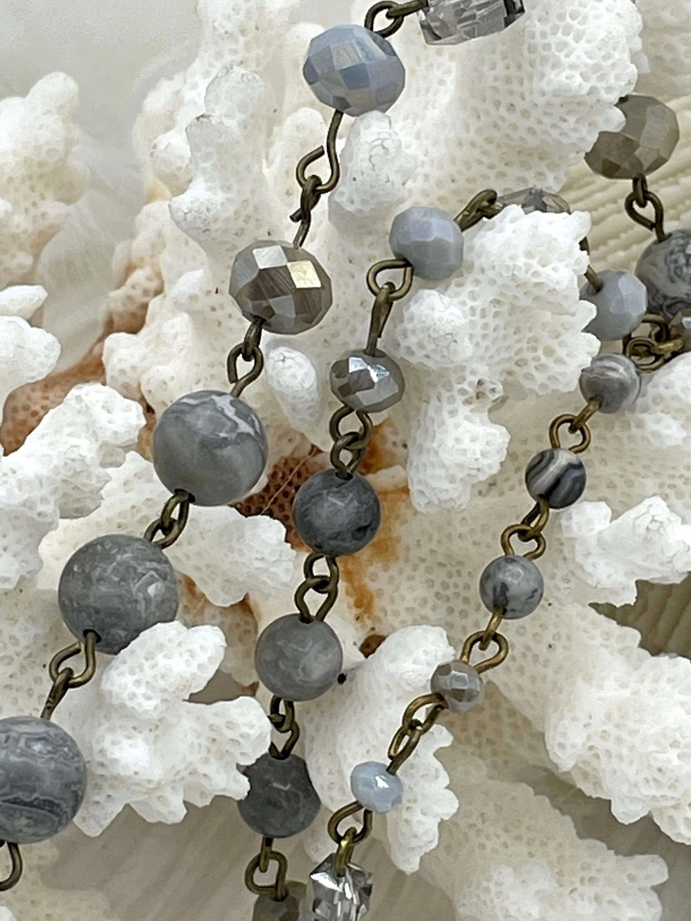 Gemstone Crystal mix Rosary Picasso Jasper Square and Rondelle Crystal Beaded Chain 8mm 6mm Gunmetal or Bronze, pin 1 Meter (39 ") Fast Ship