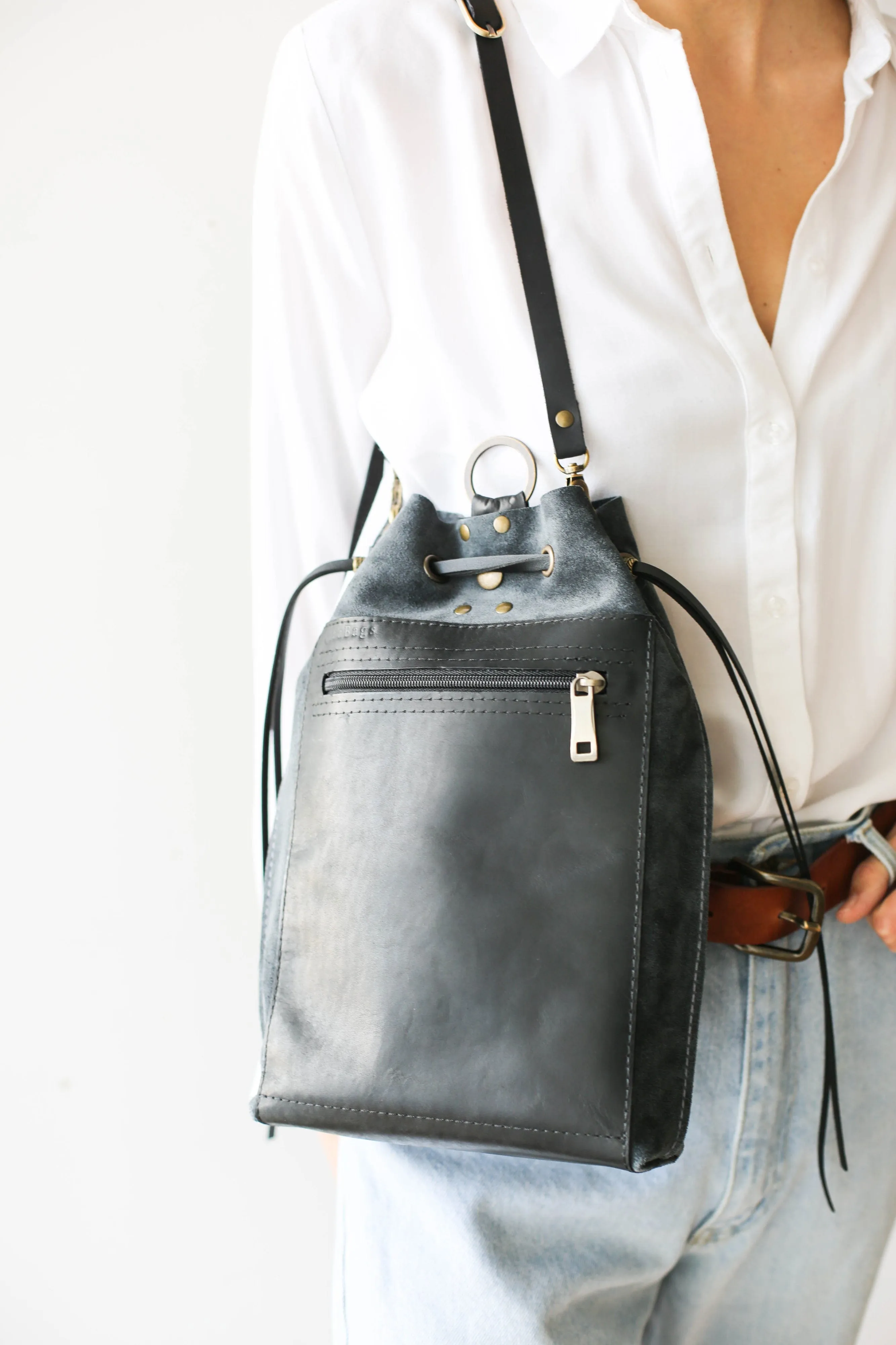 Gray Suede Leather Backpack Purse
