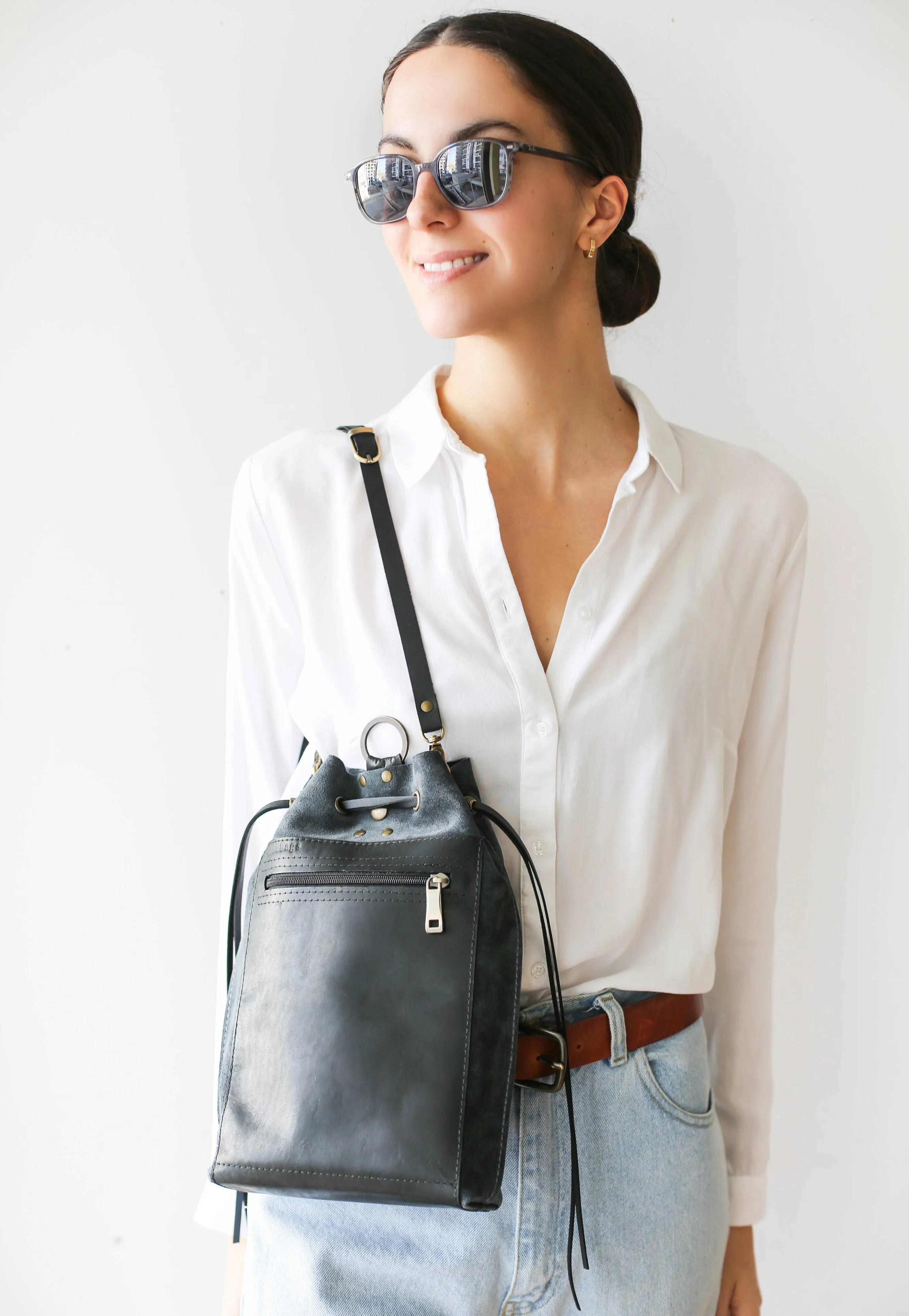 Gray Suede Leather Backpack Purse