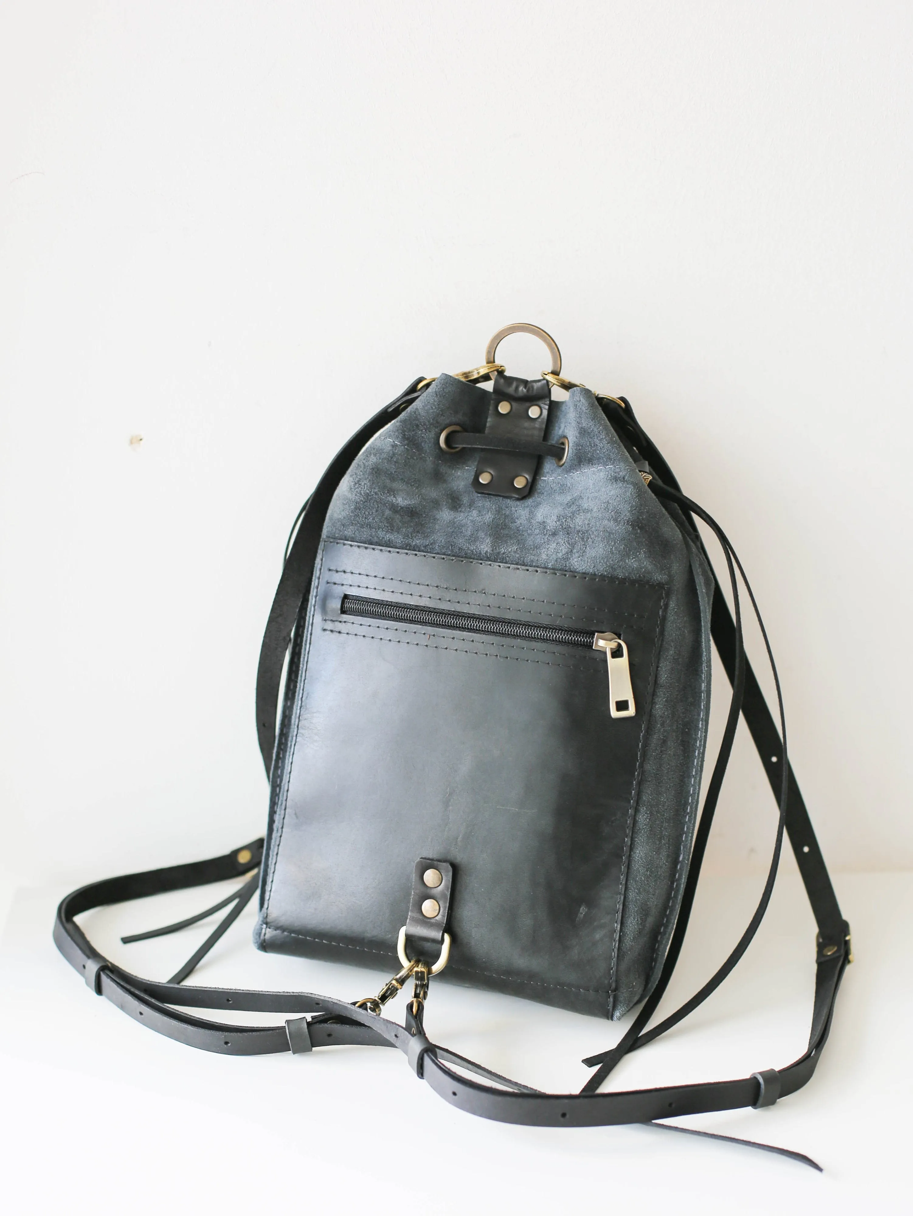 Gray Suede Leather Backpack Purse