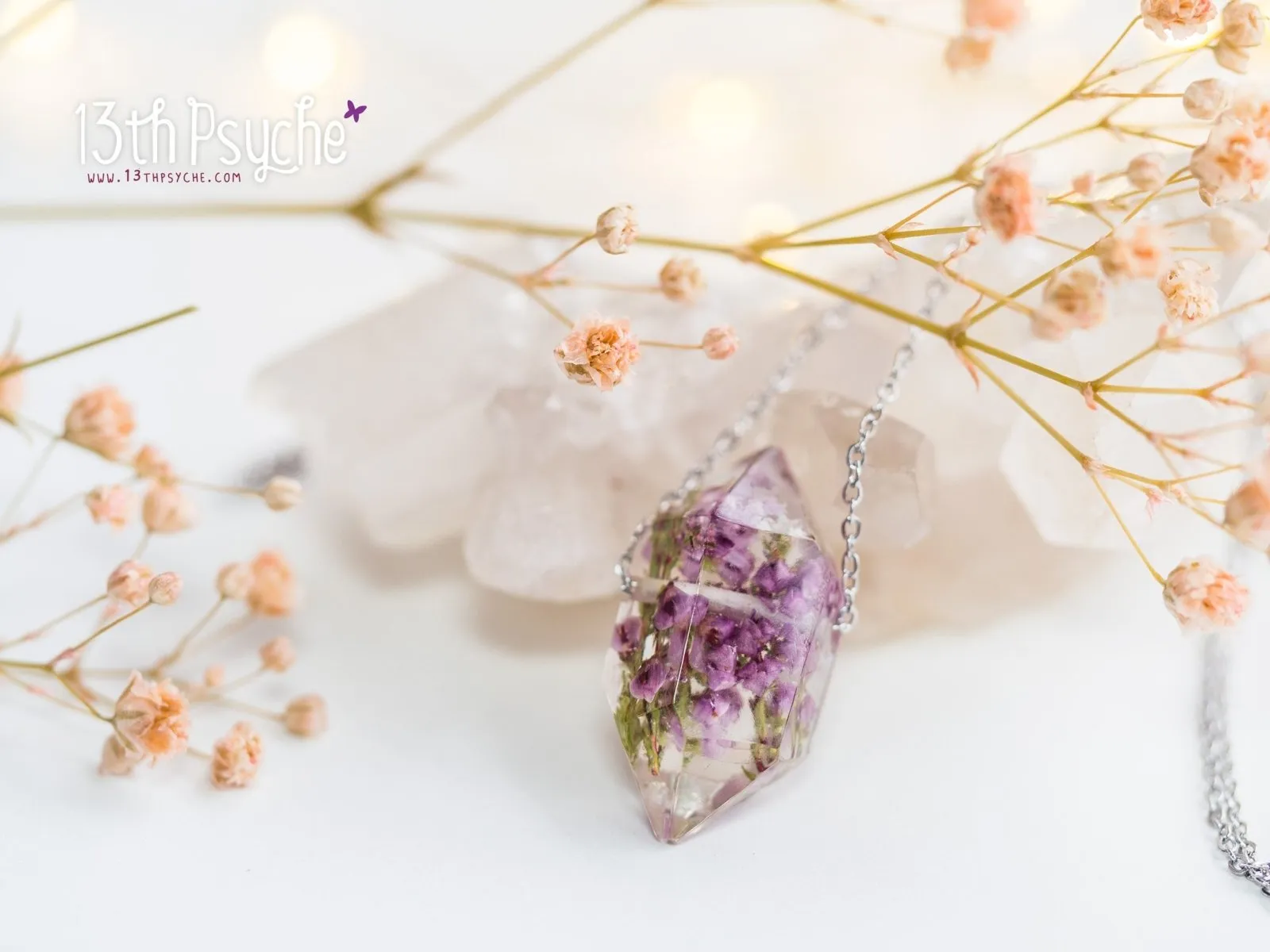 Heather flowers crystal point pendant necklace