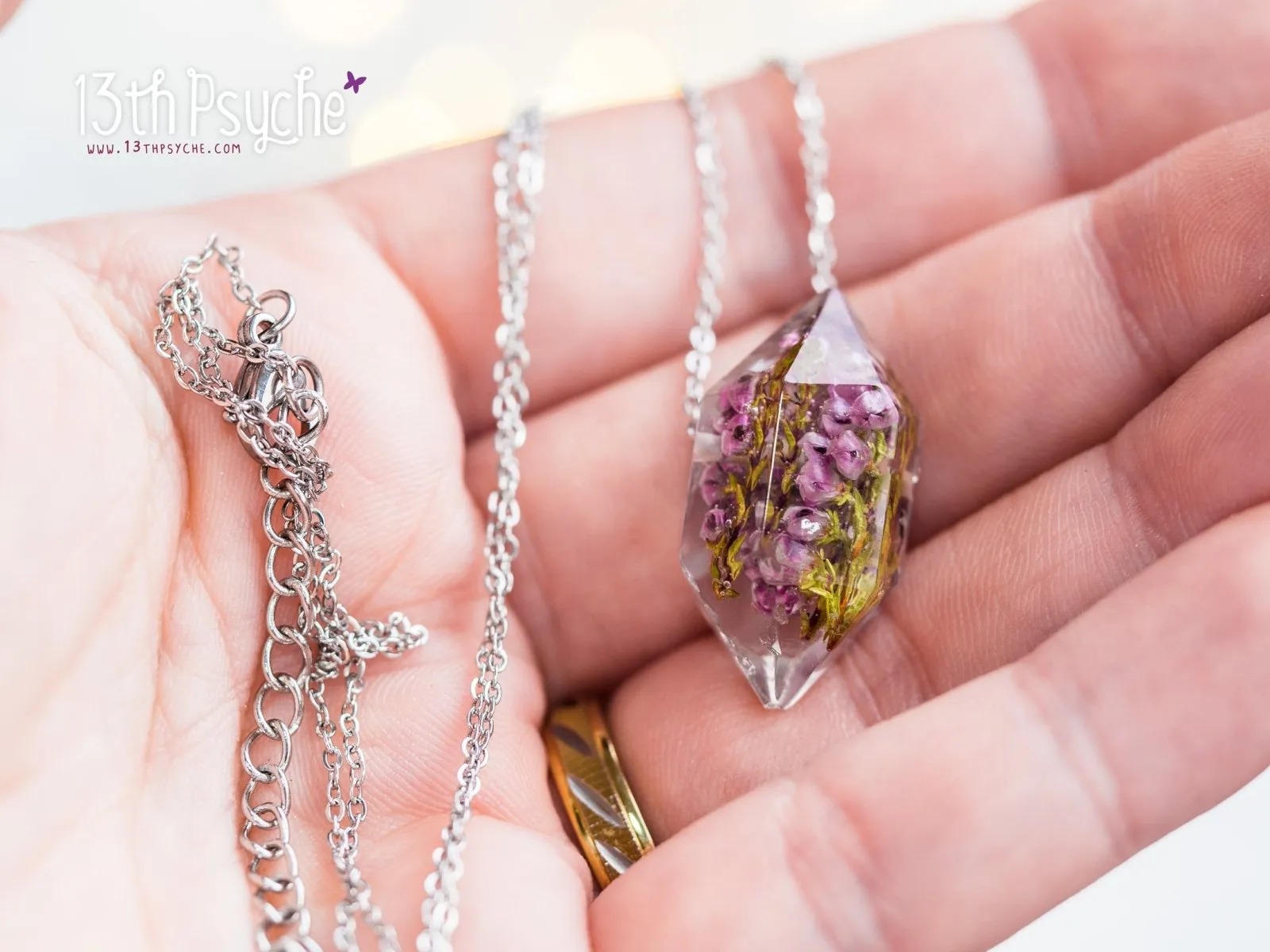 Heather flowers crystal point pendant necklace