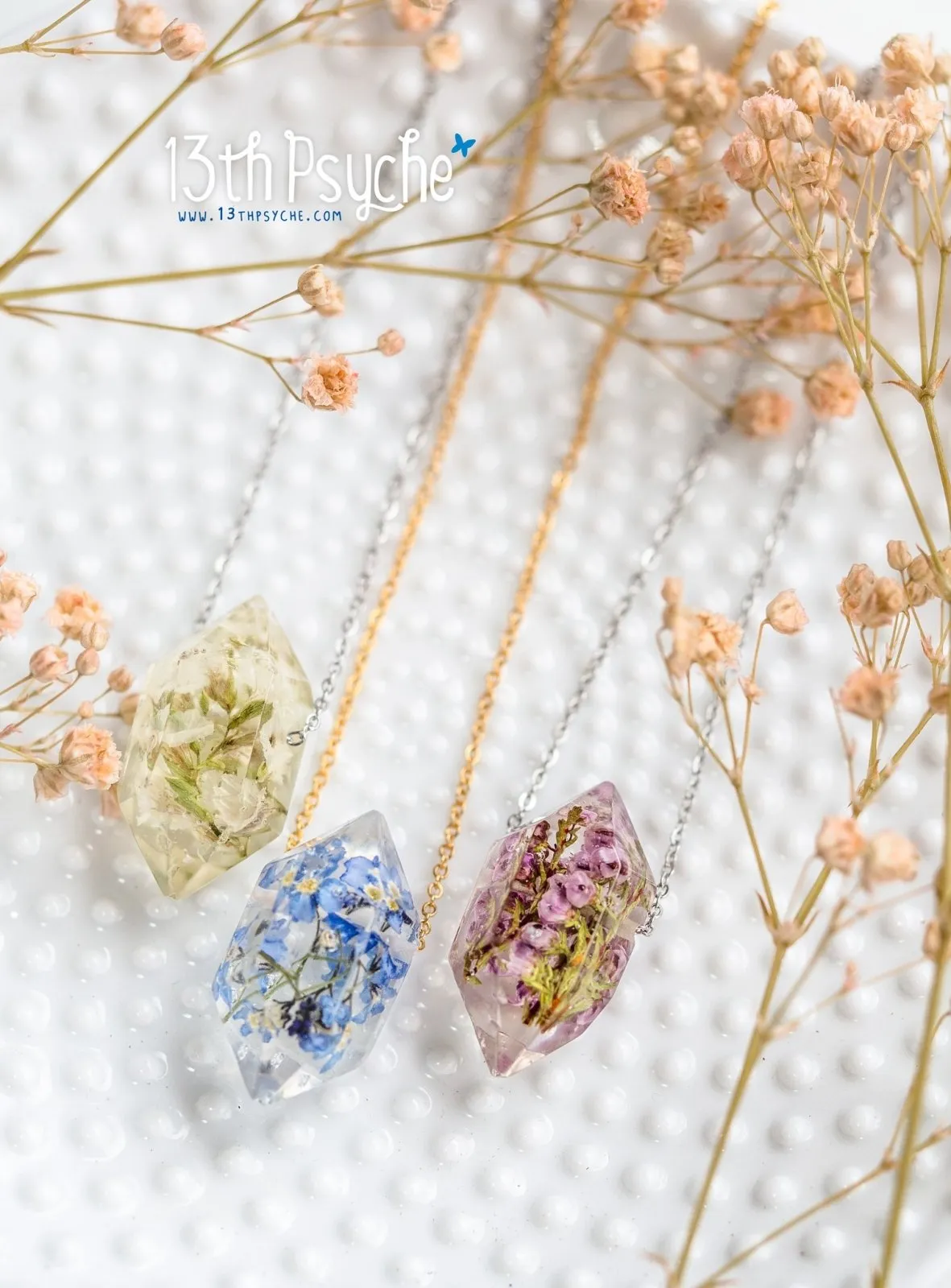 Heather flowers crystal point pendant necklace