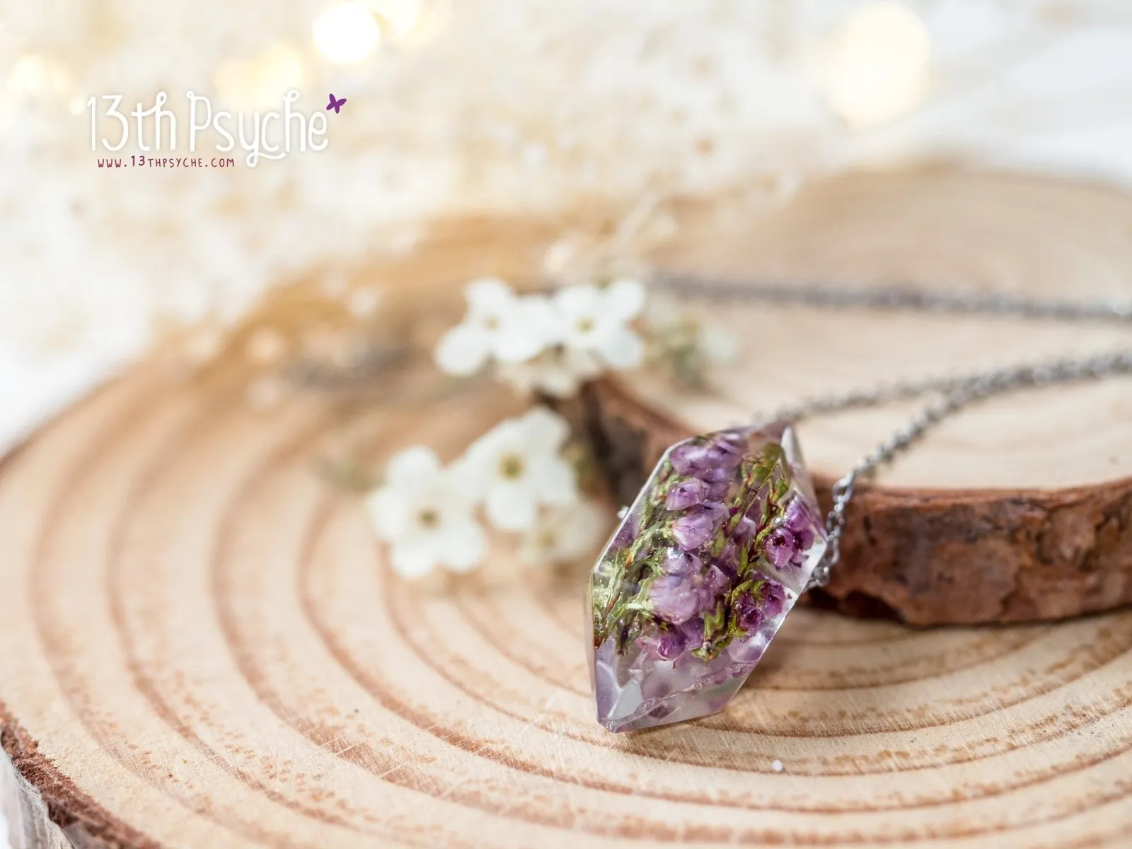 Heather flowers crystal point pendant necklace