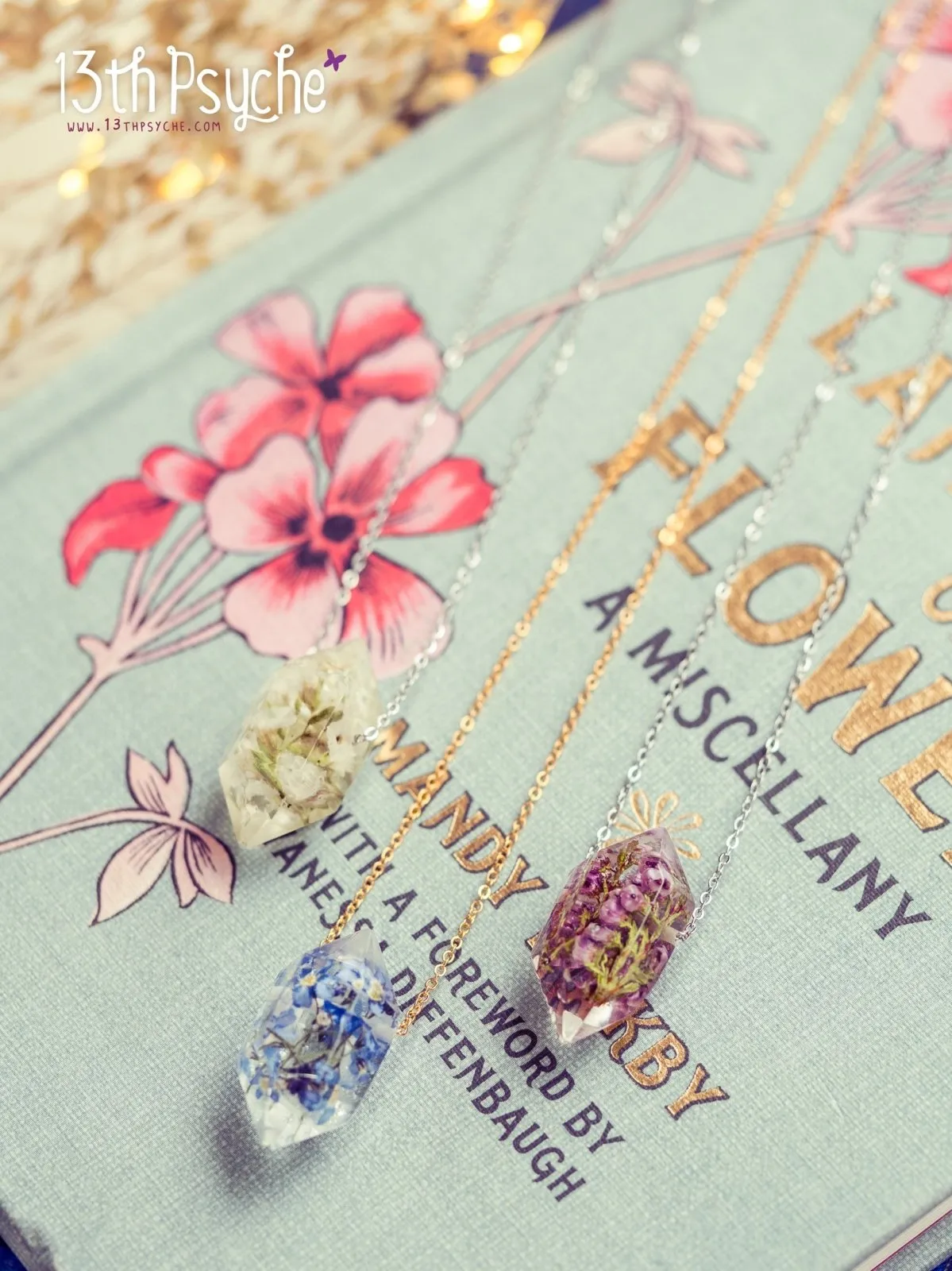 Heather flowers crystal point pendant necklace