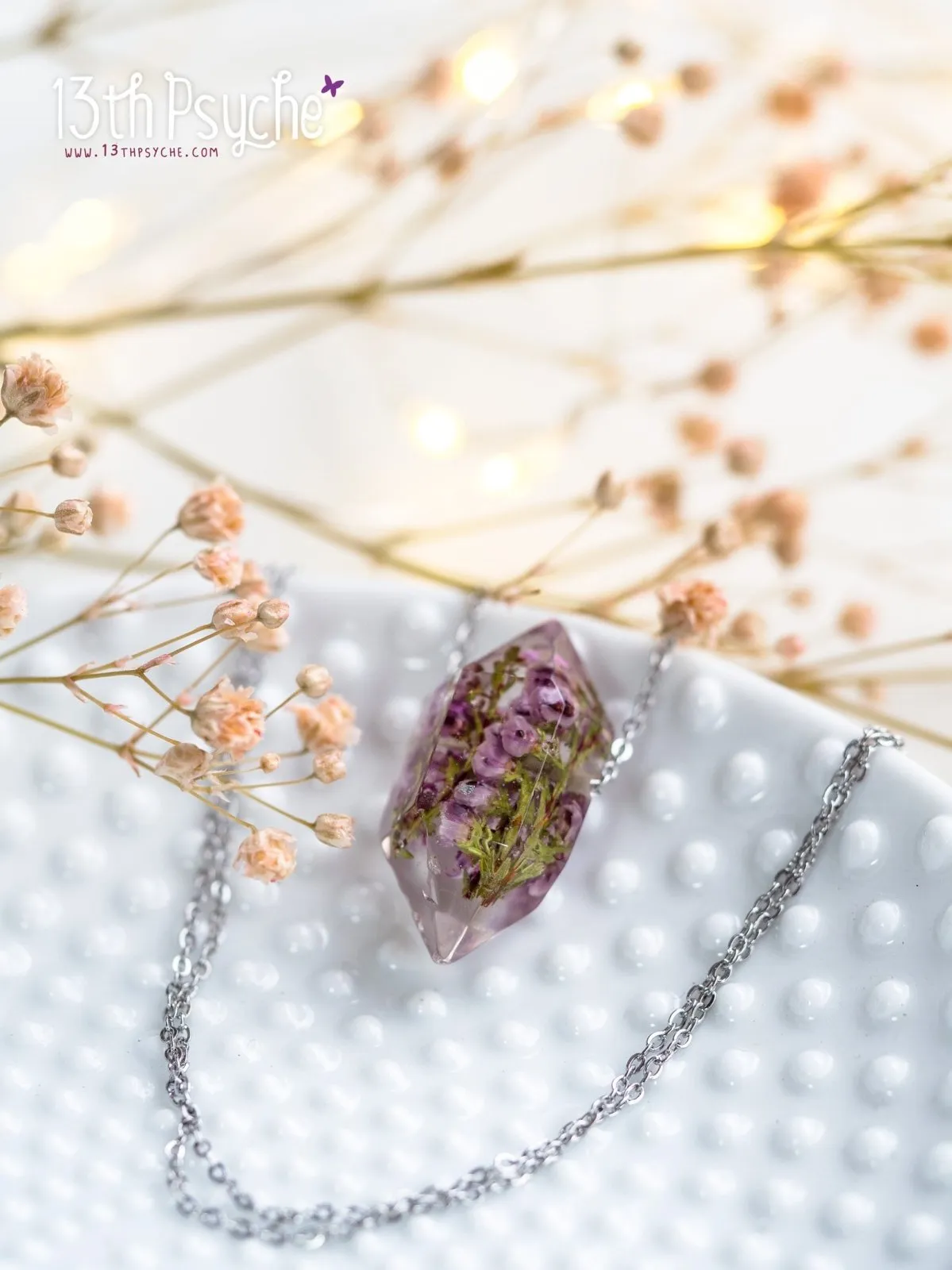 Heather flowers crystal point pendant necklace