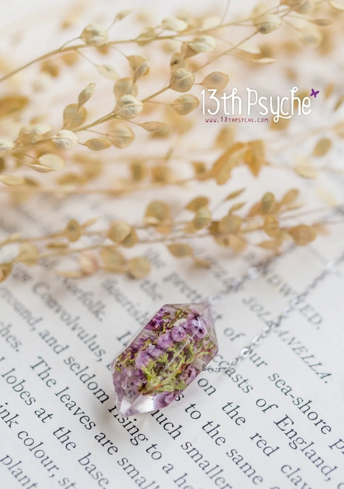 Heather flowers crystal point pendant necklace