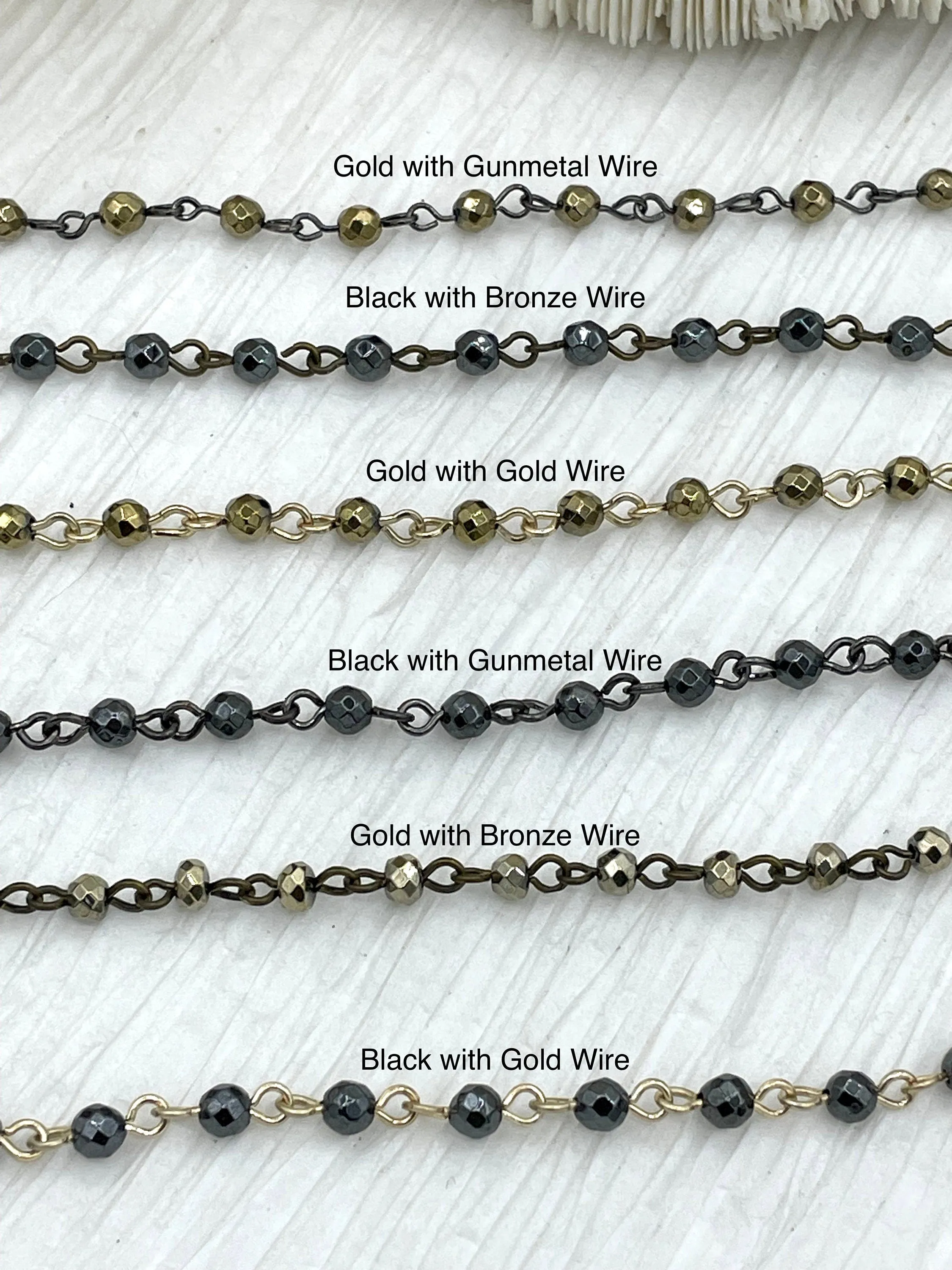 HEMATITE GEMSTONE 1 meter (39") Rosary Style Chain, 4mm Faceted beads, Bronze, Gunmetal, or Gold Wire. Chain per meter (39") Fast ship