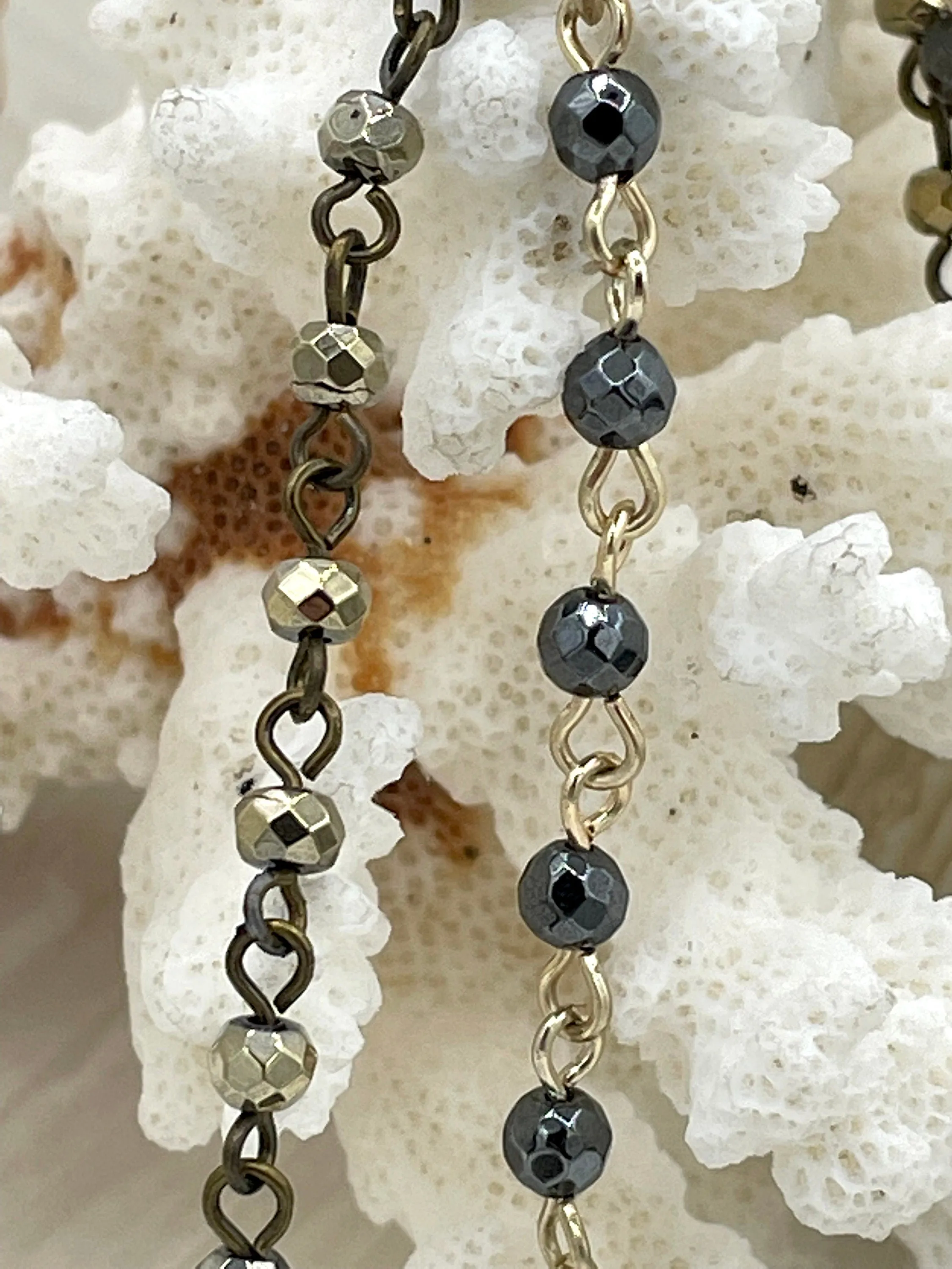 HEMATITE GEMSTONE 1 meter (39") Rosary Style Chain, 4mm Faceted beads, Bronze, Gunmetal, or Gold Wire. Chain per meter (39") Fast ship
