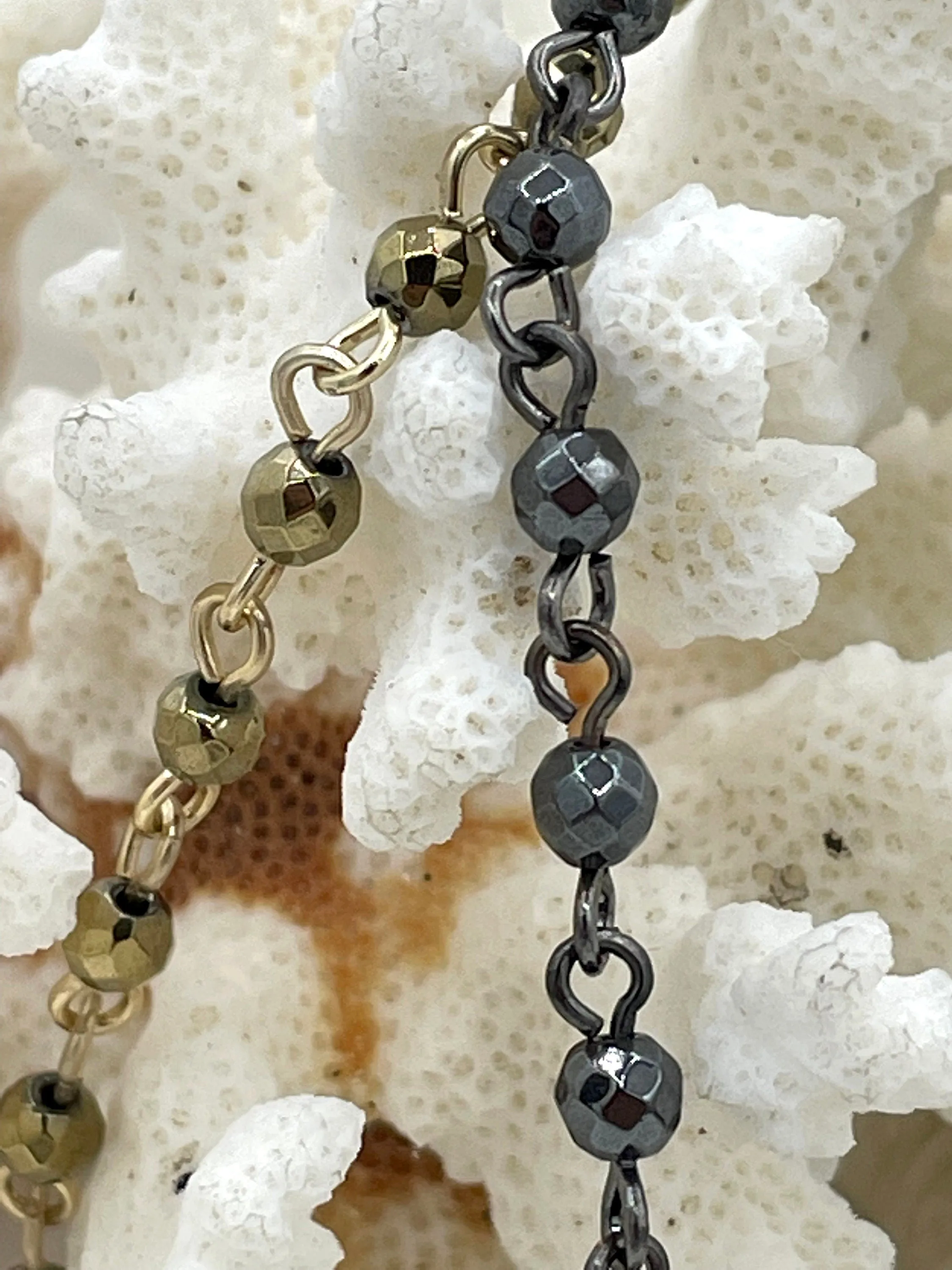 HEMATITE GEMSTONE 1 meter (39") Rosary Style Chain, 4mm Faceted beads, Bronze, Gunmetal, or Gold Wire. Chain per meter (39") Fast ship