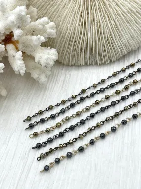 HEMATITE GEMSTONE 1 meter (39") Rosary Style Chain, 4mm Faceted beads, Bronze, Gunmetal, or Gold Wire. Chain per meter (39") Fast ship