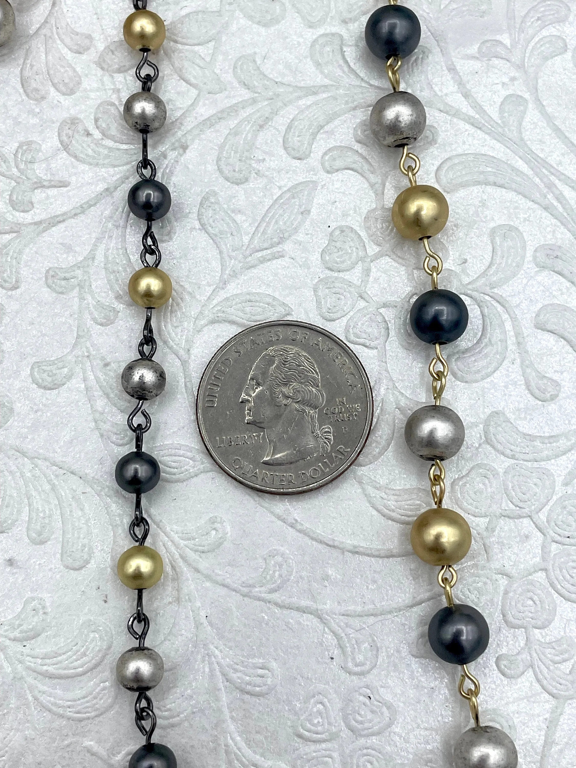 High Quality Wired Plated Brass Beaded Chain, Tri Colored Chain, 2 Wire Colors, 8mm or 6mm Beads, Brass Beads, Sold by the foot, Fast Ship