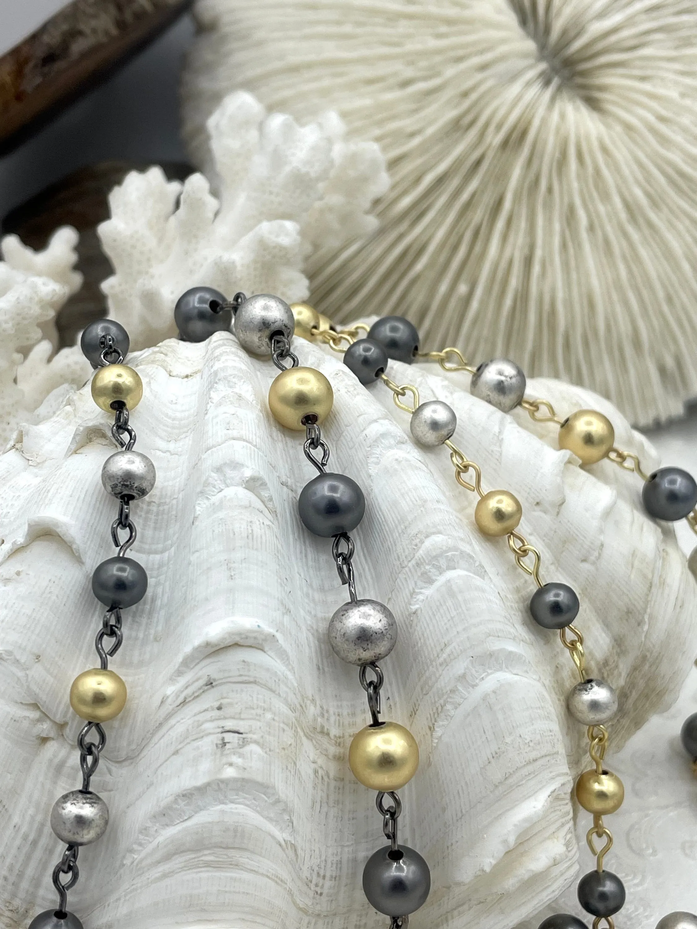 High Quality Wired Plated Brass Beaded Chain, Tri Colored Chain, 2 Wire Colors, 8mm or 6mm Beads, Brass Beads, Sold by the foot, Fast Ship