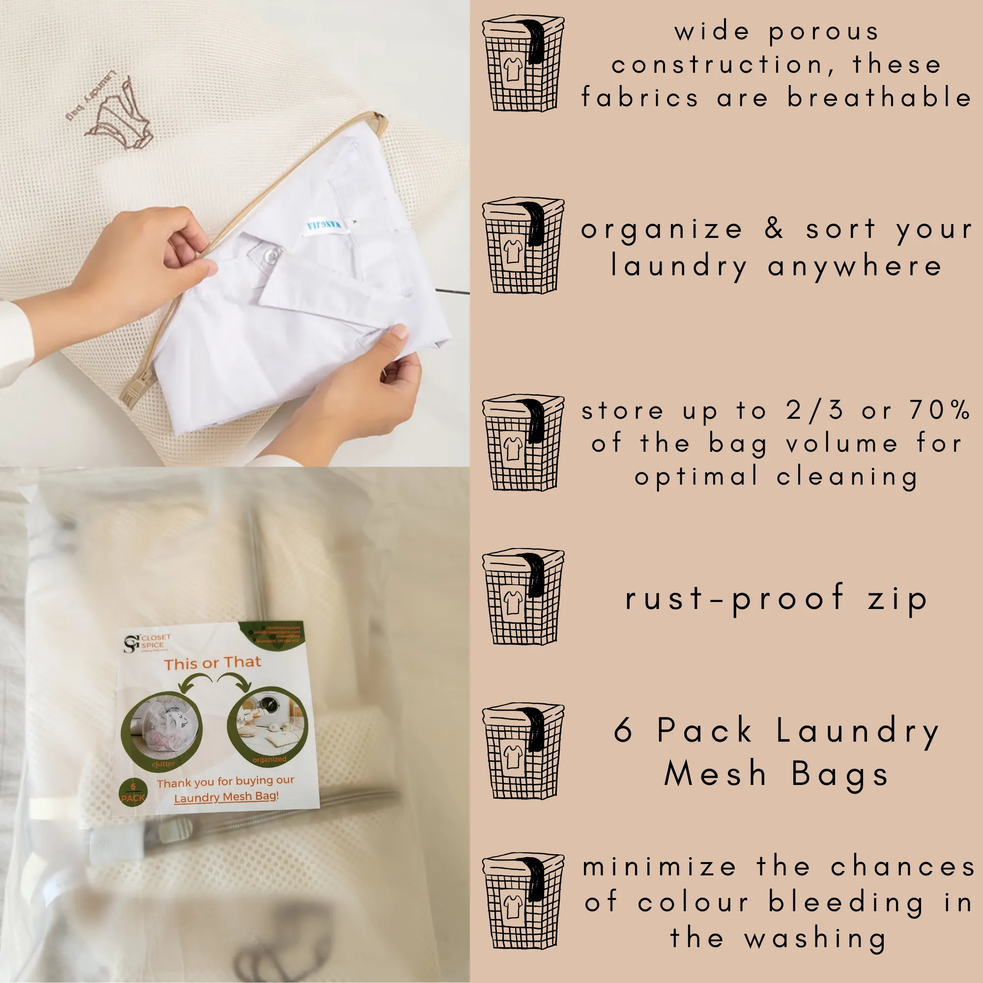 Laundry Mesh Bag Bundle, Beige - Set of 6