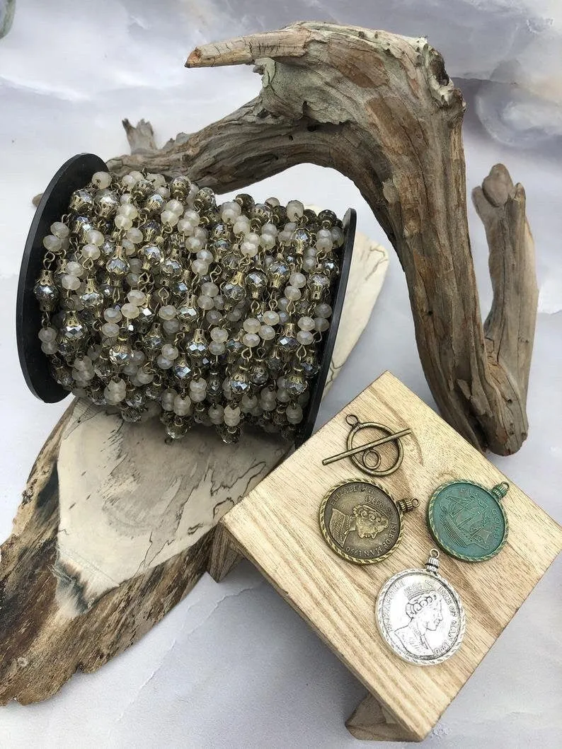 Mixed Crystal  W/Decorative Caps Clear and Beige Rosary Chain, Round & Rondelle mix. Mixed 8mm and 6mm with Bronze pin, by the foot