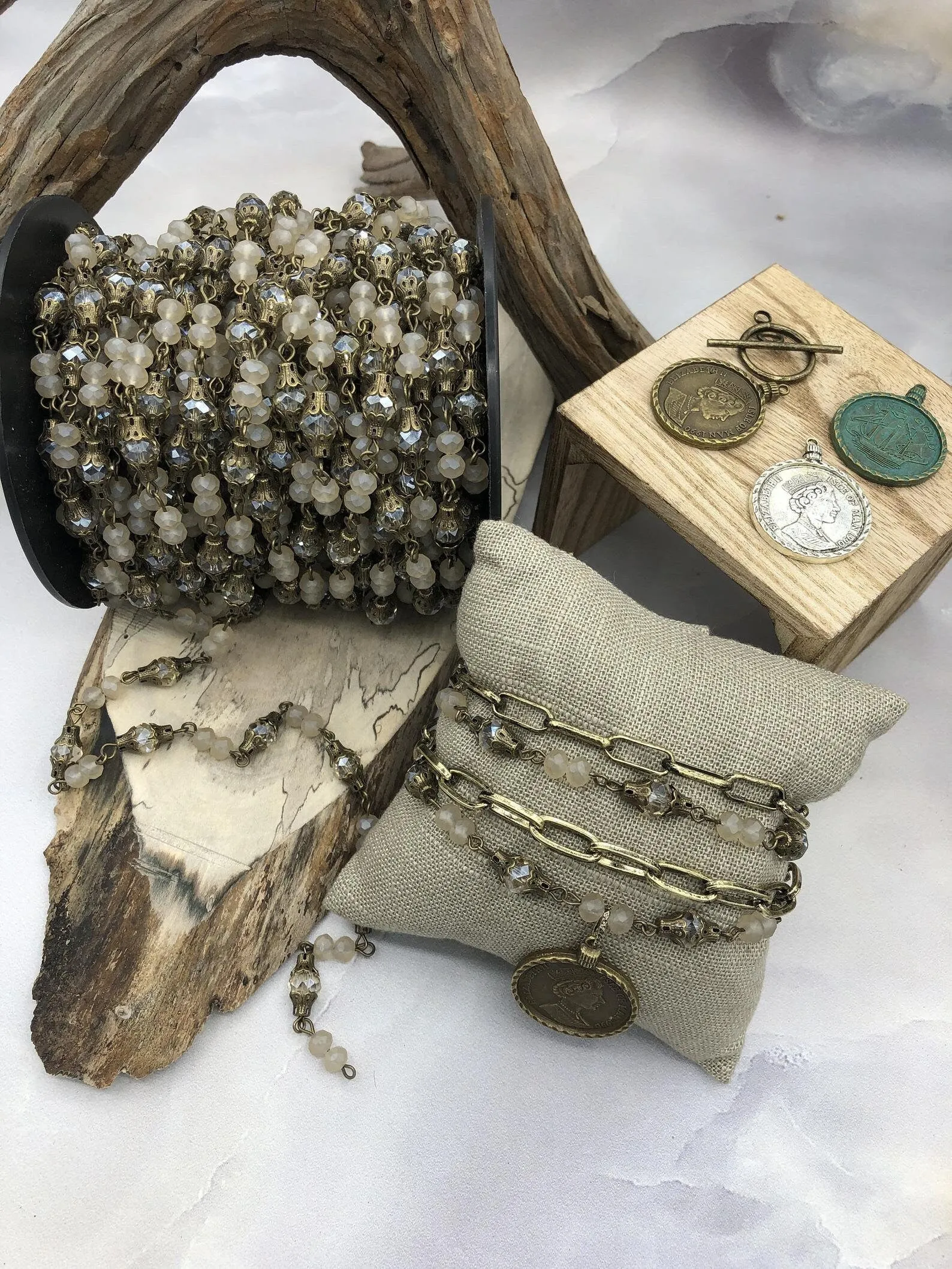Mixed Crystal  W/Decorative Caps Clear and Beige Rosary Chain, Round & Rondelle mix. Mixed 8mm and 6mm with Bronze pin, by the foot