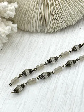 Mixed Crystal  W/Decorative Caps Clear and Beige Rosary Chain, Round & Rondelle mix. Mixed 8mm and 6mm with Bronze pin, by the foot