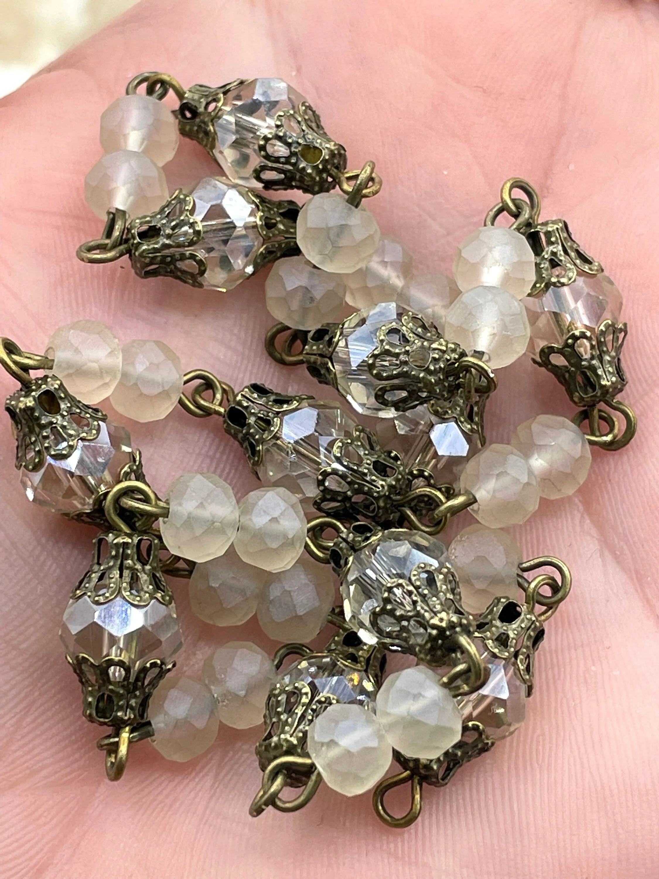 Mixed Crystal  W/Decorative Caps Clear and Beige Rosary Chain, Round & Rondelle mix. Mixed 8mm and 6mm with Bronze pin, by the foot