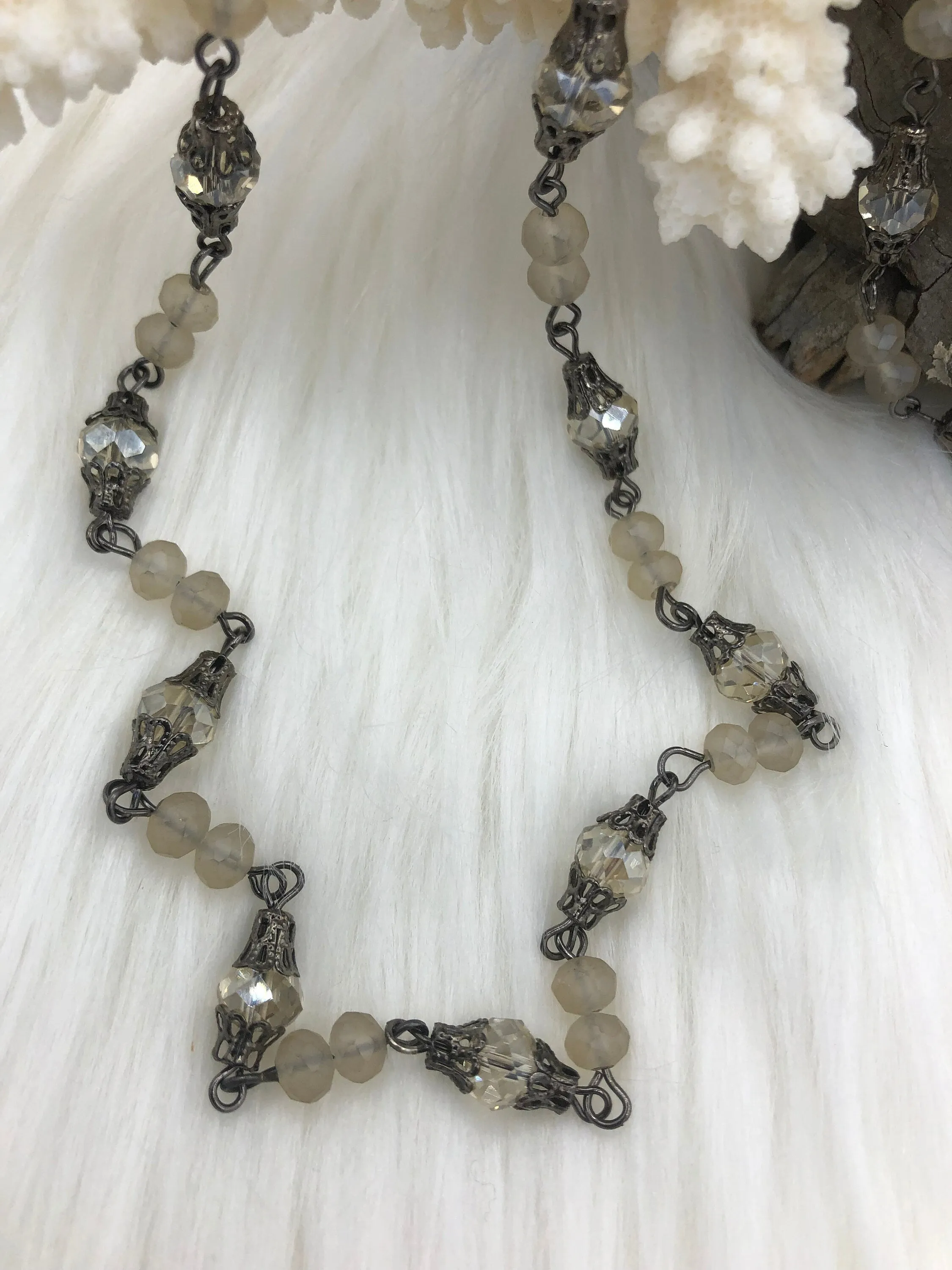 Mixed Crystal  W/Decorative Caps Clear and Beige Rosary Chain, Round & Rondelle mix.Mixed 8mm and 6mm with Gunmetal cap and pin, by the foot