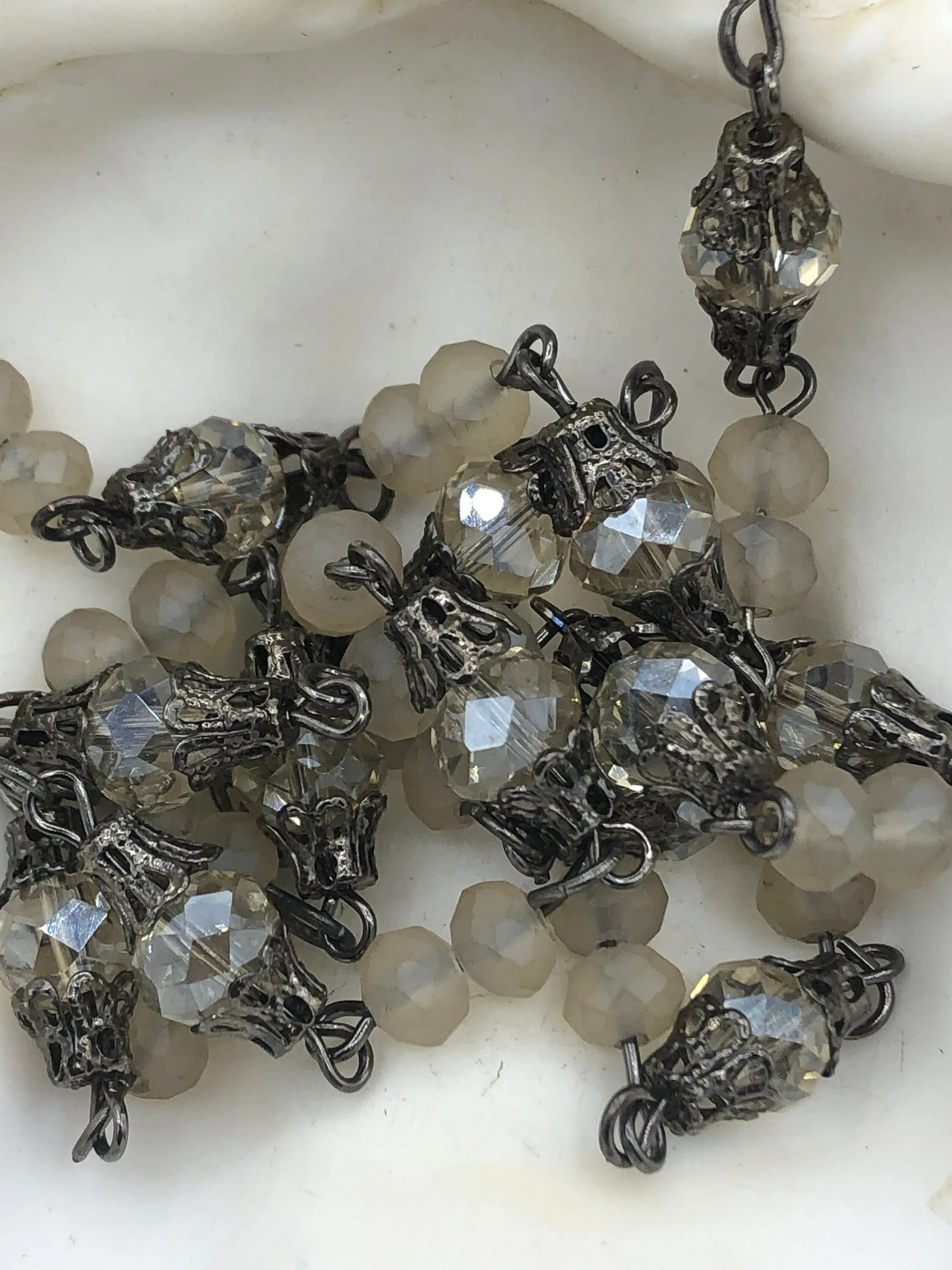 Mixed Crystal  W/Decorative Caps Clear and Beige Rosary Chain, Round & Rondelle mix.Mixed 8mm and 6mm with Gunmetal cap and pin, by the foot