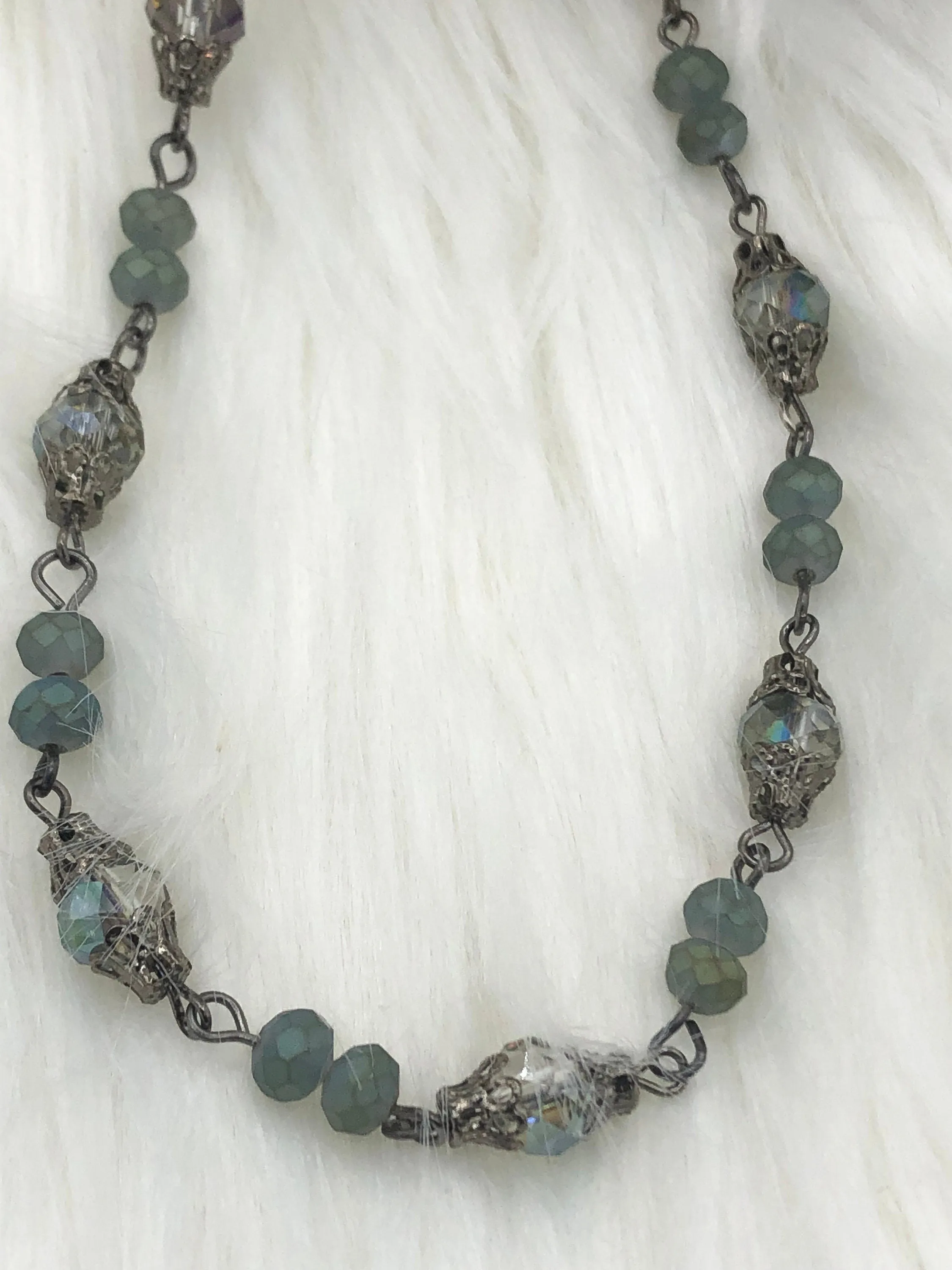 Mixed Crystal W/Decorative Caps Clear Iridescent and Gray Blue Rosary Chain, Round & Rondelle mix 8mm and 6mm Gunmetal cap/pin By the foot