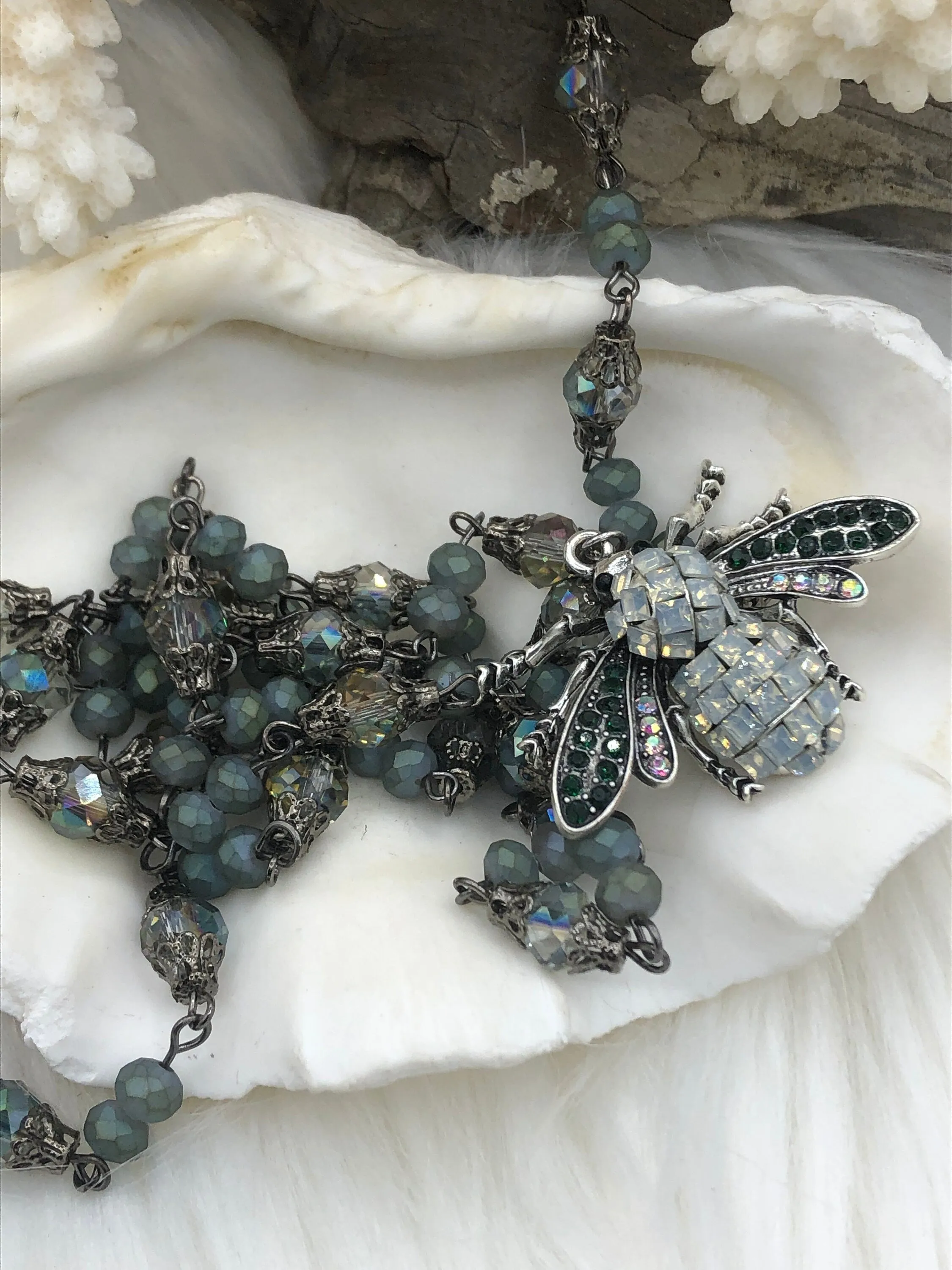 Mixed Crystal W/Decorative Caps Clear Iridescent and Gray Blue Rosary Chain, Round & Rondelle mix 8mm and 6mm Gunmetal cap/pin By the foot