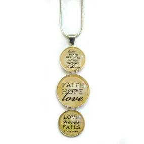 "Faith, Hope, Love – Love Never Fails" 1 Corinthians Scripture Silver-Plated 3-Tiered Pendant Necklace