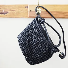 SLING HANDBAG OPEN WEAVE BLACK LEATHER