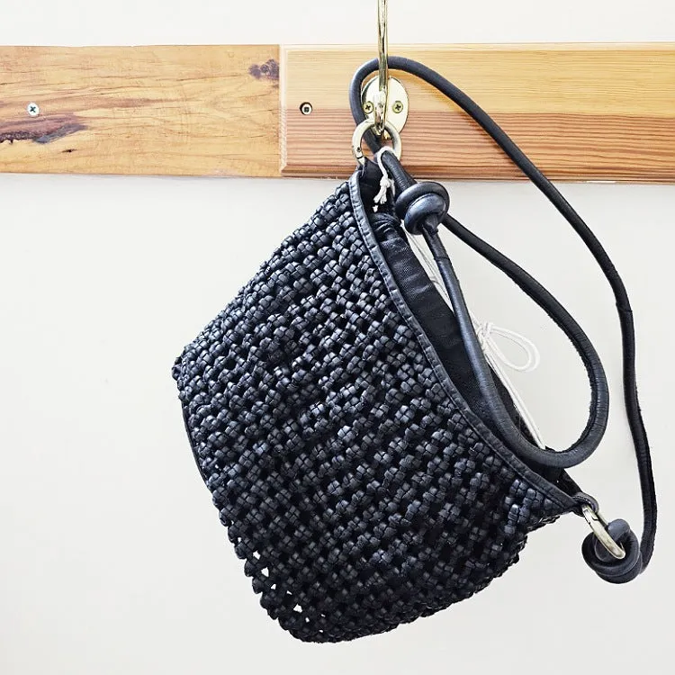 SLING HANDBAG OPEN WEAVE BLACK LEATHER