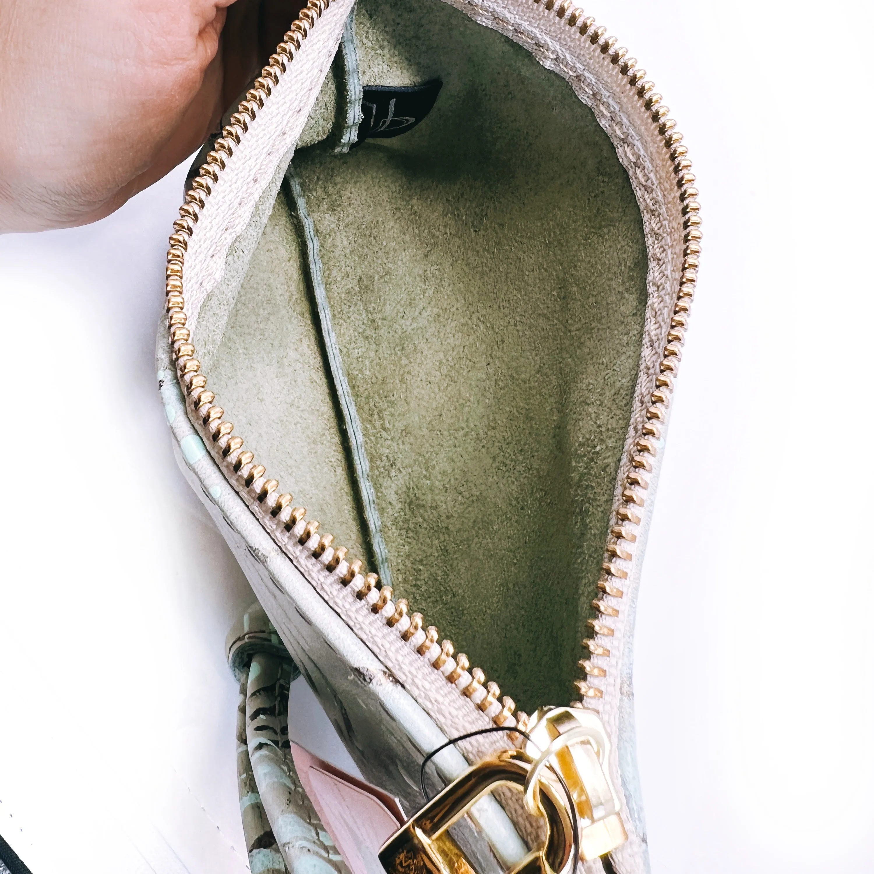 Small Leather Wristlet Handbag - Hand Painted With Mint and Metallic Bronze