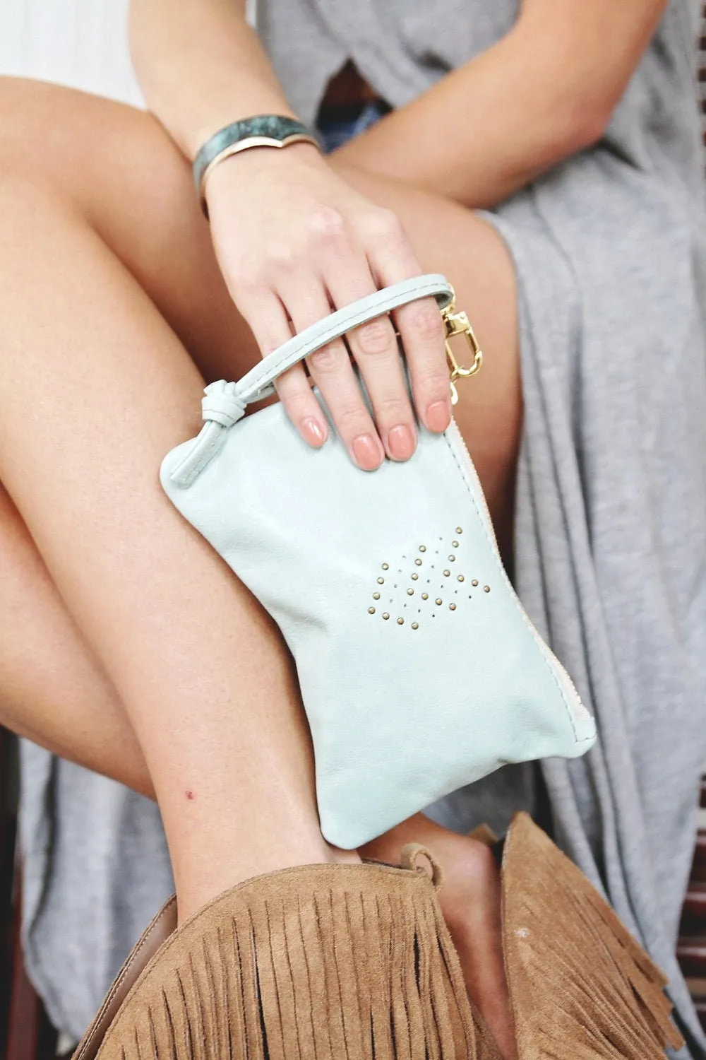 Small Leather Wristlet Handbag - Hand Painted With Mint and Metallic Bronze