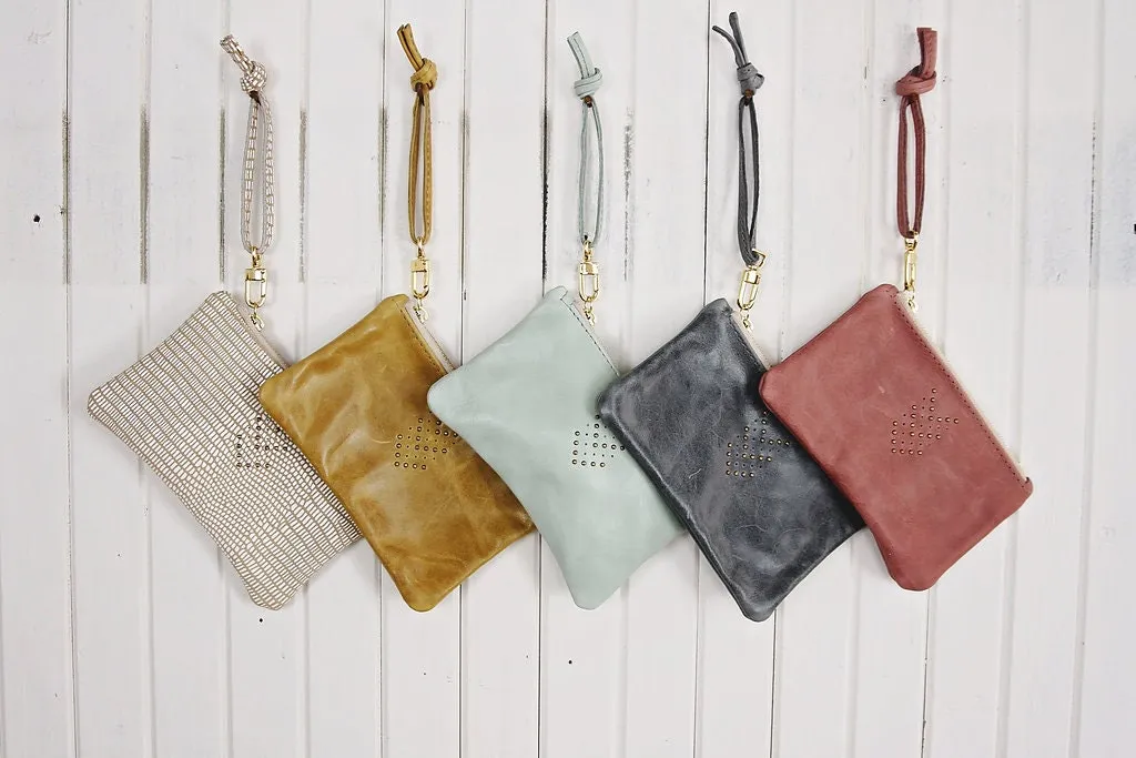 Small Leather Wristlet Handbag - Hand Painted With Mint and Metallic Bronze