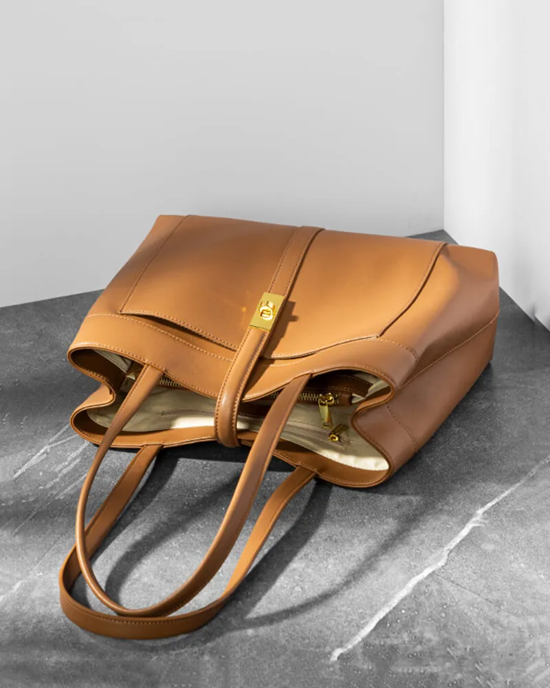 Strap Buckle Leather Tote Shoulder Bag
