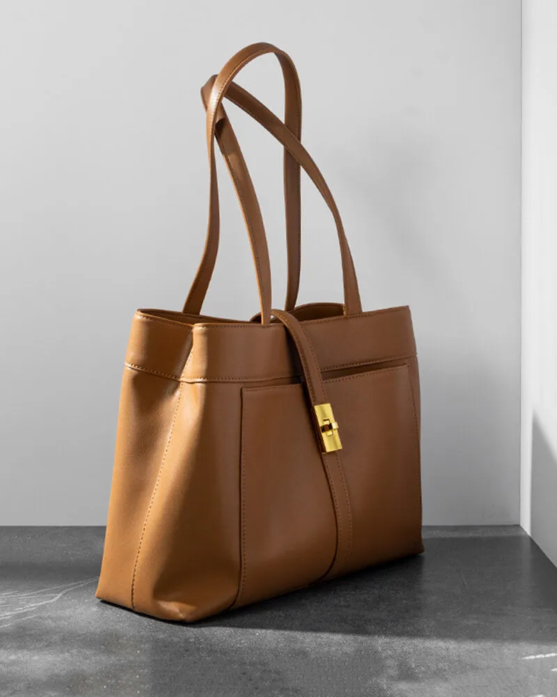 Strap Buckle Leather Tote Shoulder Bag