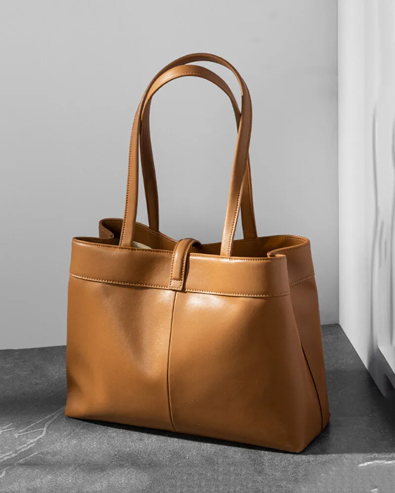Strap Buckle Leather Tote Shoulder Bag