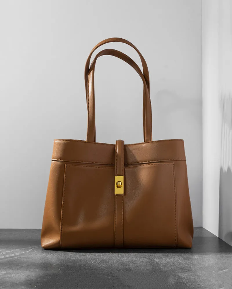 Strap Buckle Leather Tote Shoulder Bag