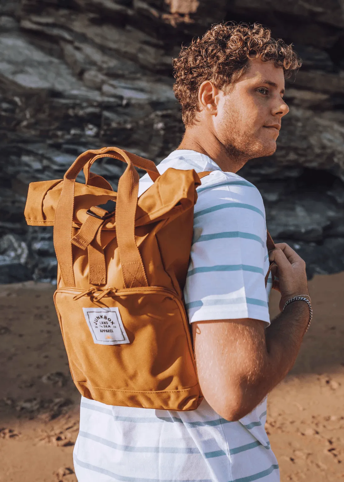 'The Mini' Recycled Roll-Top Backpack in Mustard