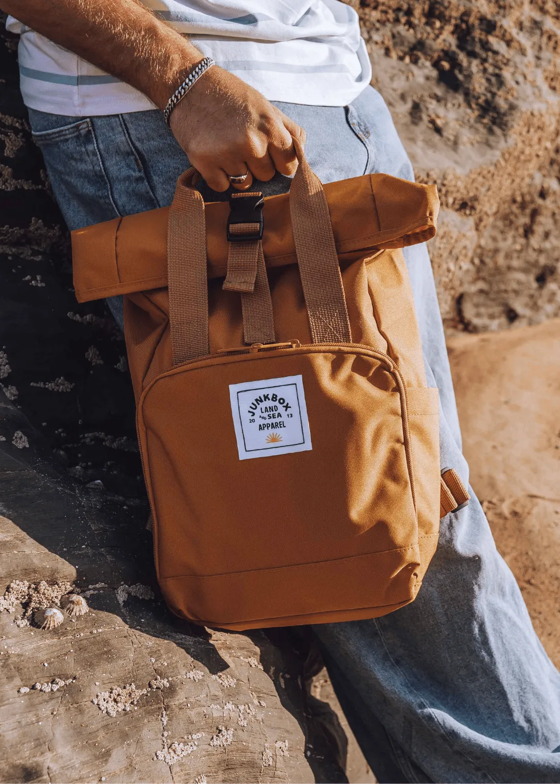 'The Mini' Recycled Roll-Top Backpack in Mustard
