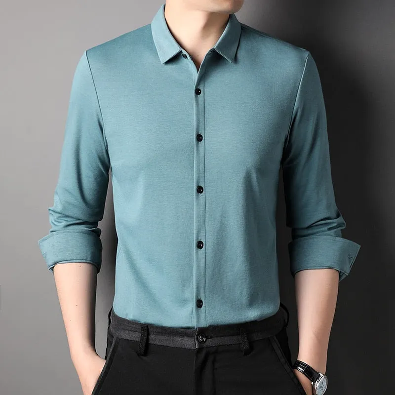 Top Grade Mulberry Silk 5.2% New Slim Fit Fashion Designer Brand Luxury Men Shirts Long Sleeve Plain Casual  Mens Clothes