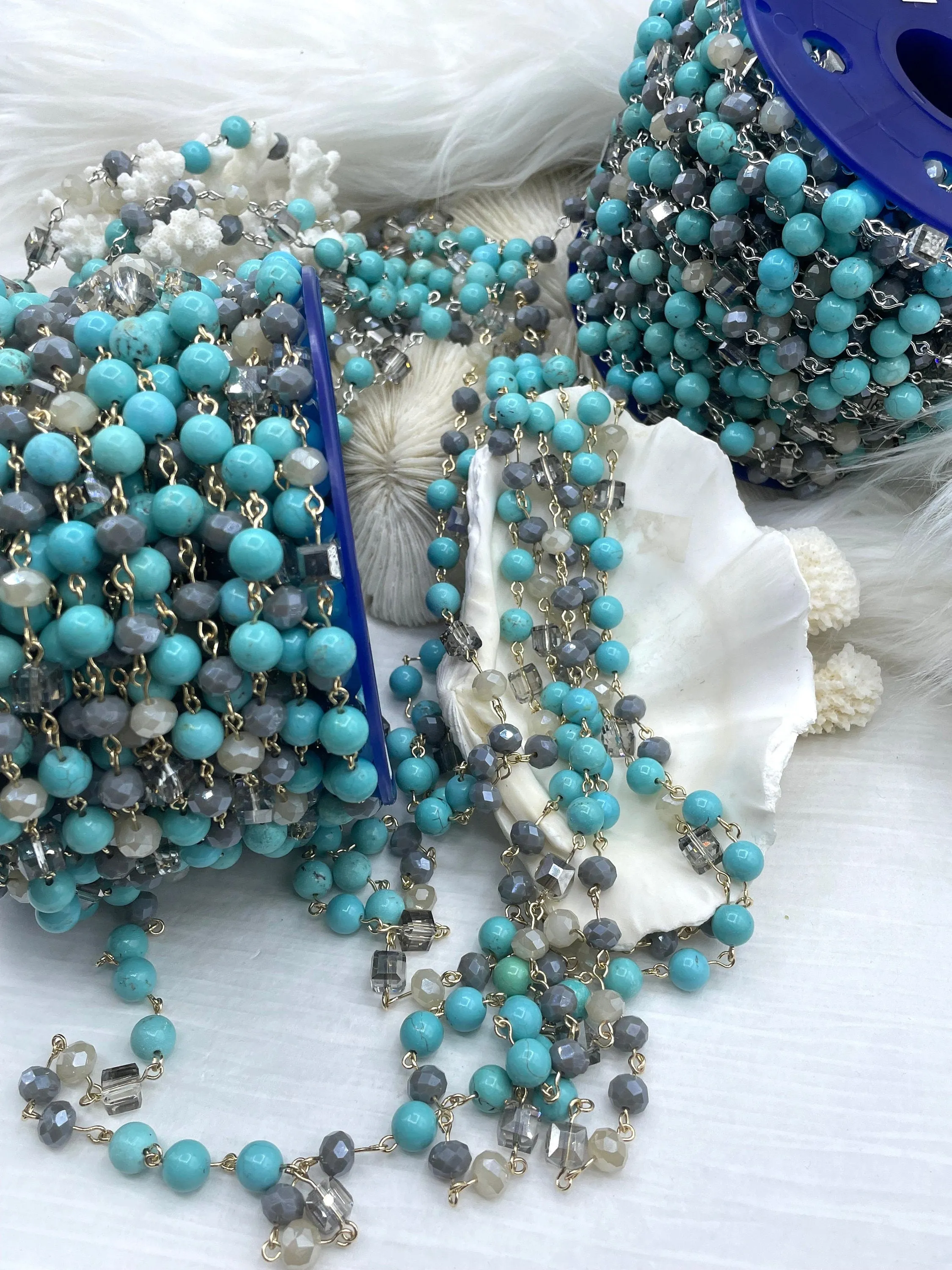 Turquoise Howlite Crystal Mix Rosary Chain, Gold, Bronze, or Silver wire links, 8mm round stone beaded chain Sold by the foot Fast Ship