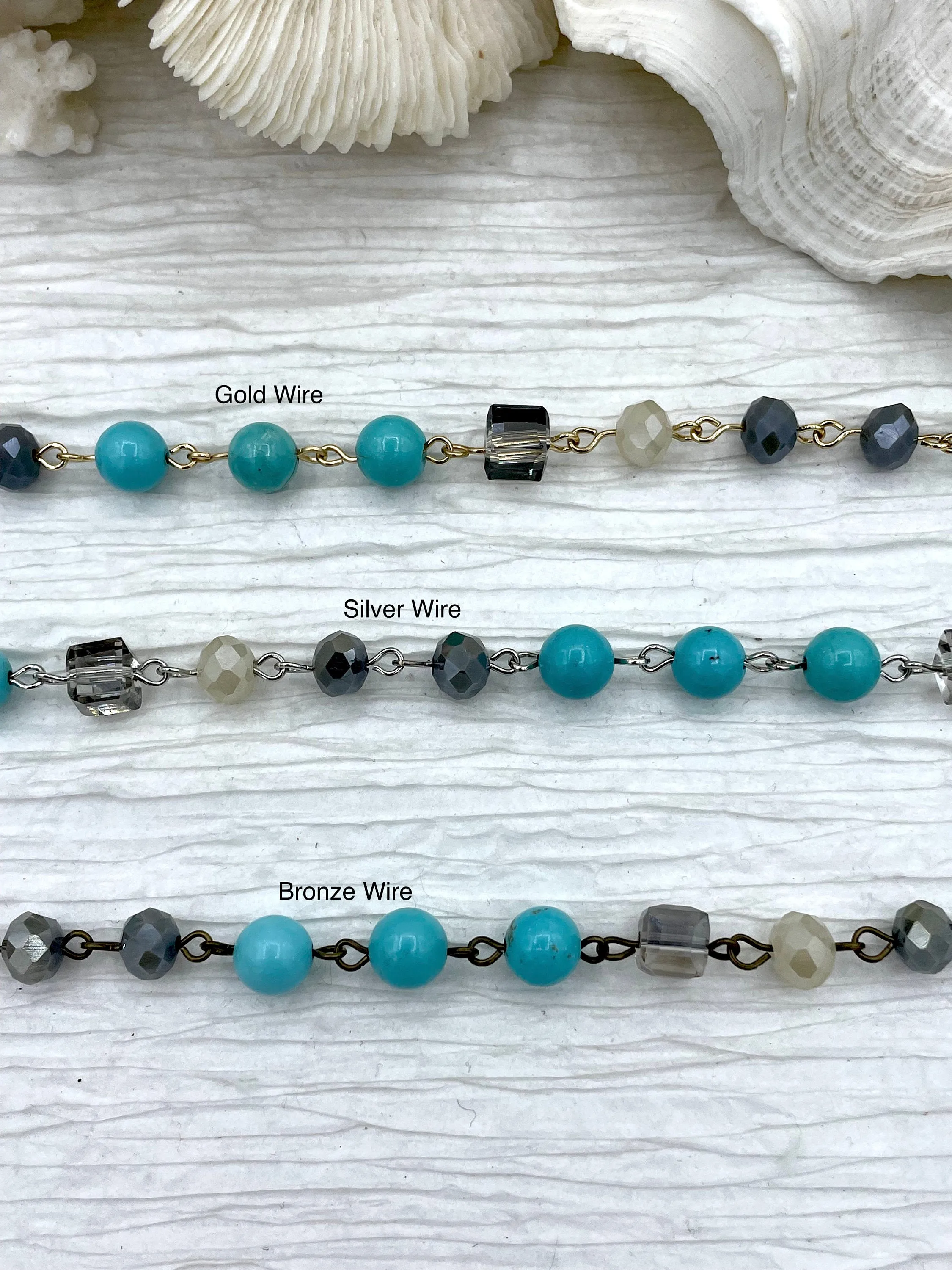 Turquoise Howlite Crystal Mix Rosary Chain, Gold, Bronze, or Silver wire links, 8mm round stone beaded chain Sold by the foot Fast Ship