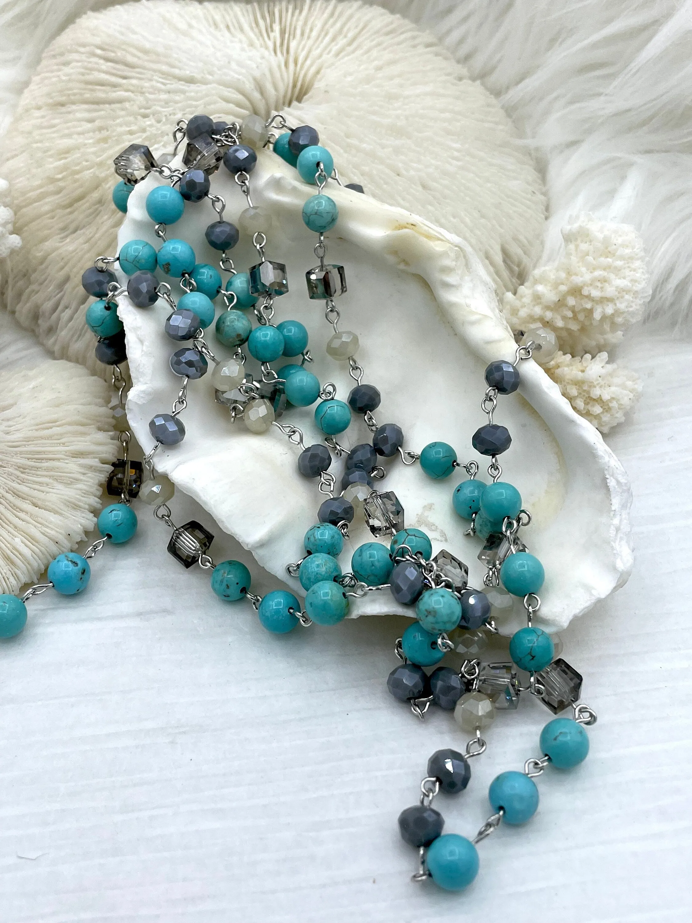 Turquoise Howlite Crystal Mix Rosary Chain, Gold, Bronze, or Silver wire links, 8mm round stone beaded chain Sold by the foot Fast Ship