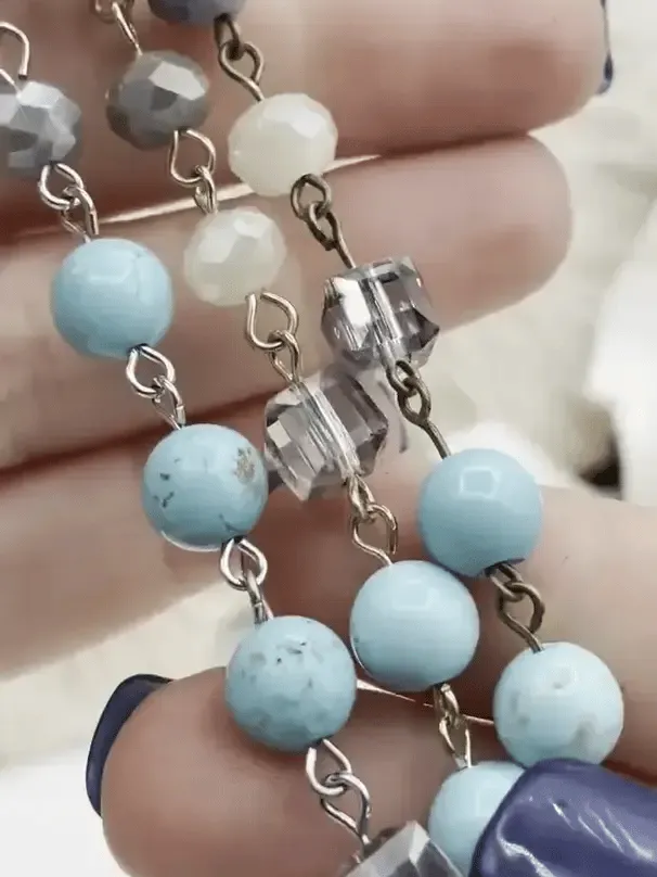 Turquoise Howlite Crystal Mix Rosary Chain, Gold, Bronze, or Silver wire links, 8mm round stone beaded chain Sold by the foot Fast Ship
