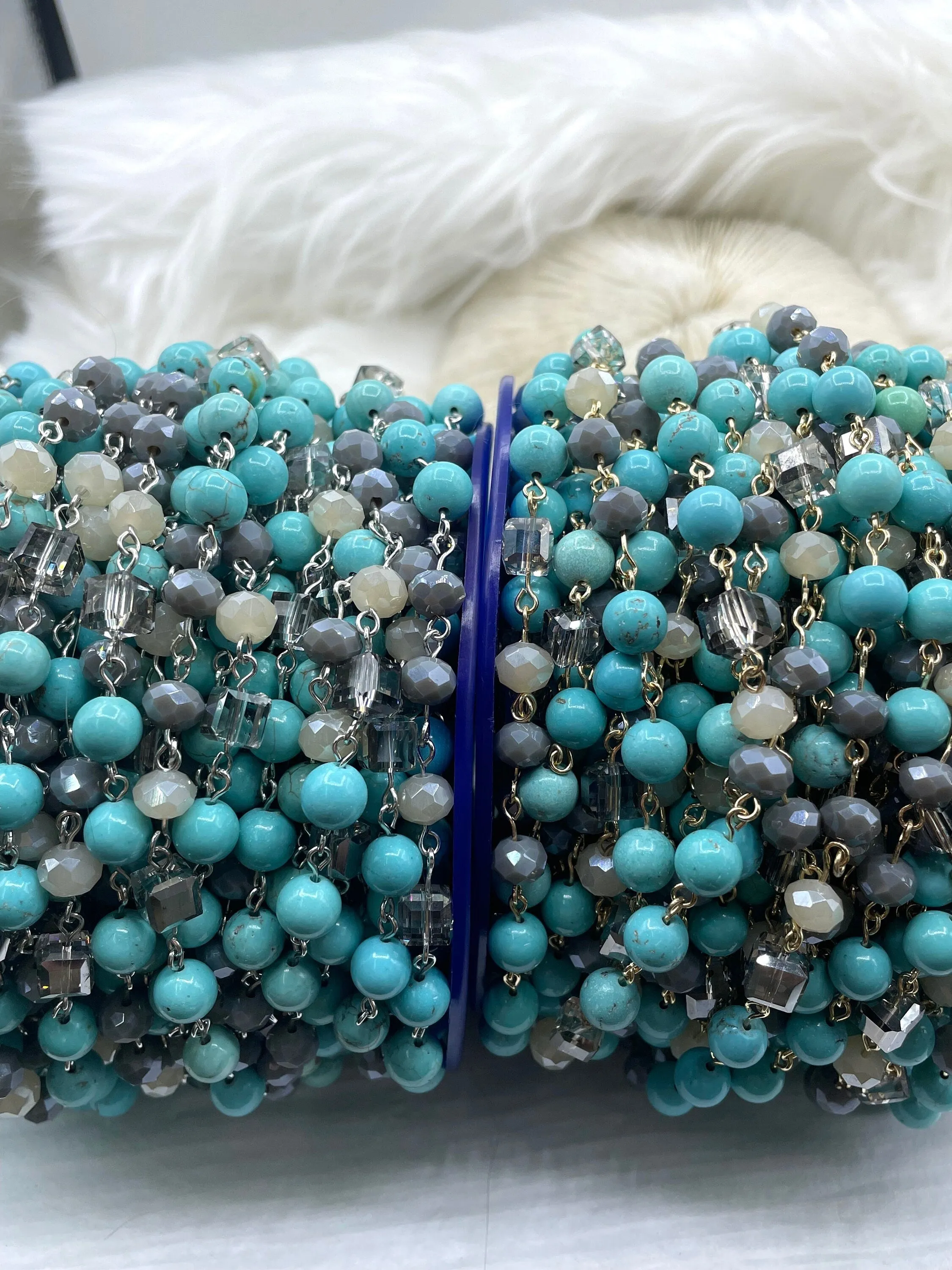 Turquoise Howlite Crystal Mix Rosary Chain, Gold, Bronze, or Silver wire links, 8mm round stone beaded chain Sold by the foot Fast Ship