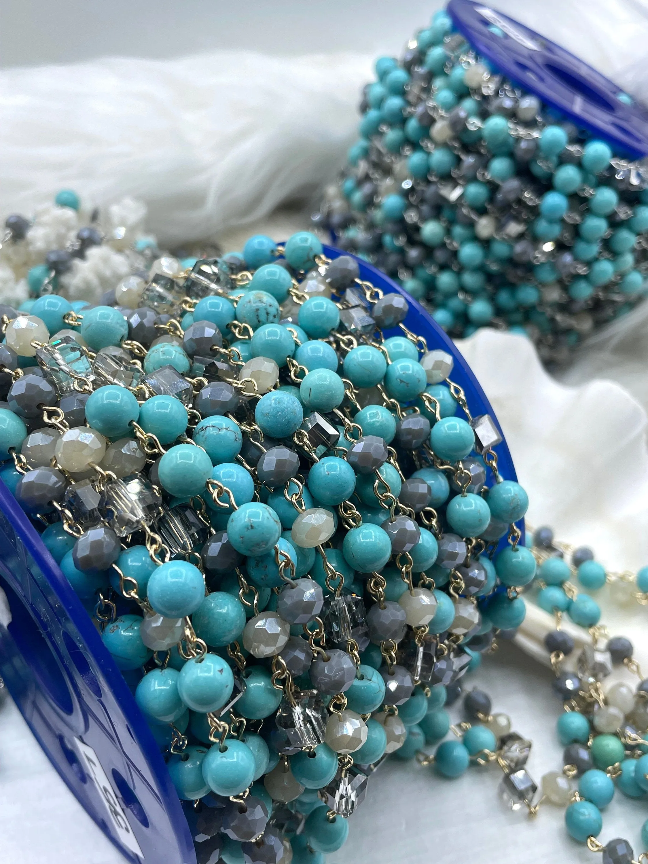 Turquoise Howlite Crystal Mix Rosary Chain, Gold, Bronze, or Silver wire links, 8mm round stone beaded chain Sold by the foot Fast Ship
