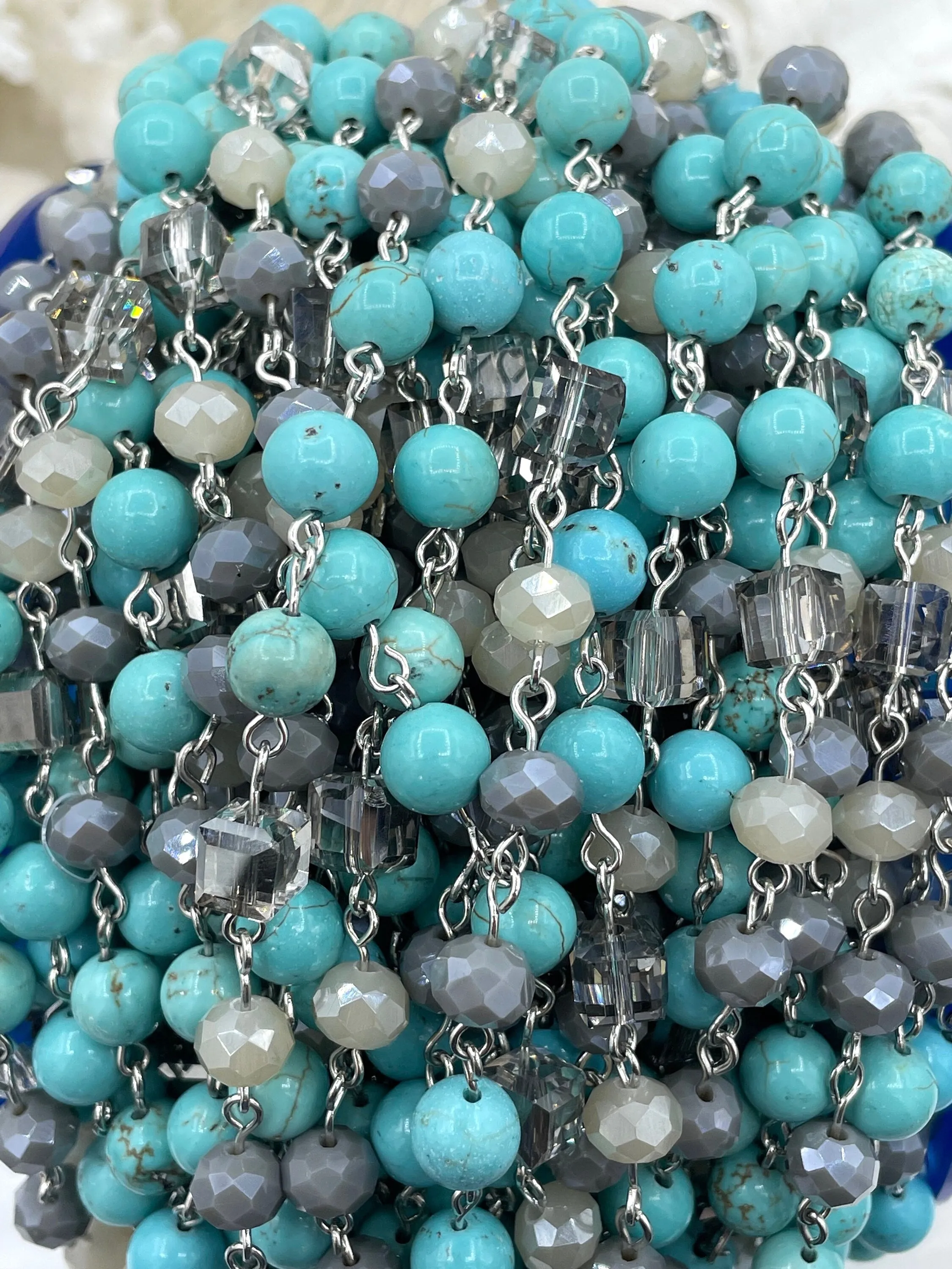 Turquoise Howlite Crystal Mix Rosary Chain, Gold, Bronze, or Silver wire links, 8mm round stone beaded chain Sold by the foot Fast Ship