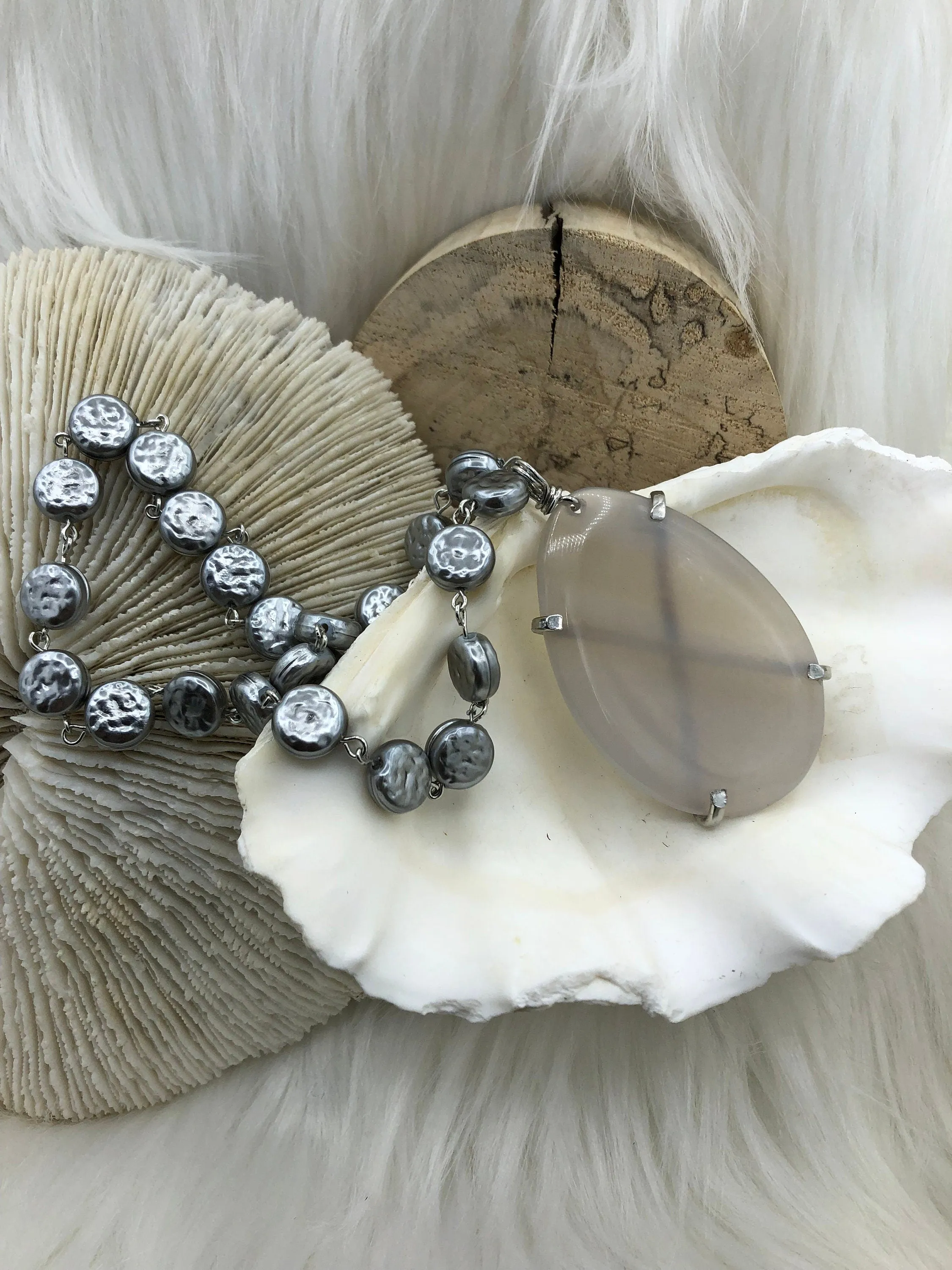 Vintage Porcelain Glass Pearl Freshwater Coin Shape Replica Beaded Chain, 10.5mm Rosary Chain, Gray, Silver pin by the Foot Fast Shipping